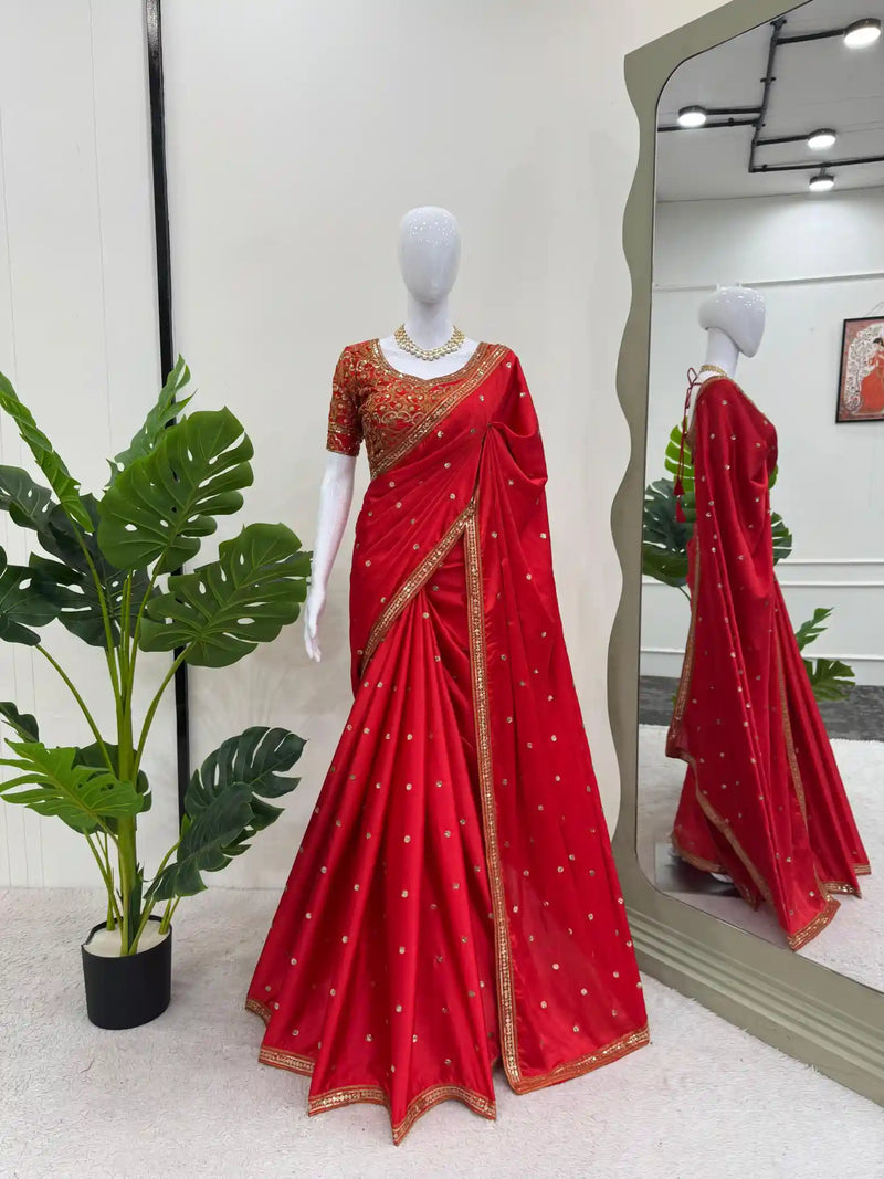 Bridal Red Satin Crepe Silk Saree with Beautiful Red Dupatta