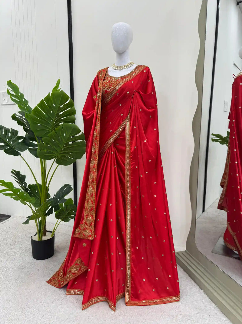 Bridal Red Satin Crepe Silk Saree with Beautiful Red Dupatta