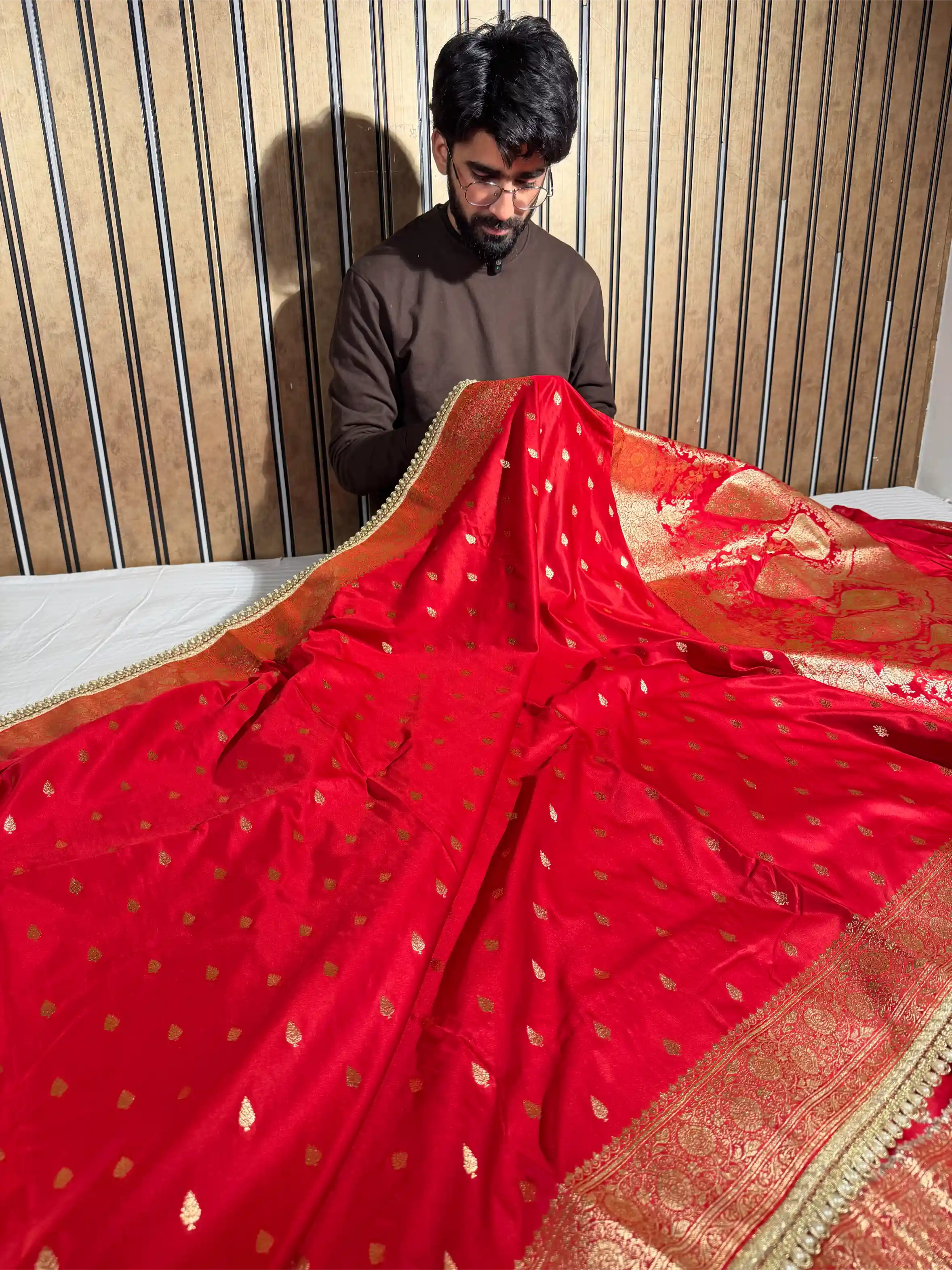 Bridal Red Satin Silk Moti Lace Work Banarasi Saree