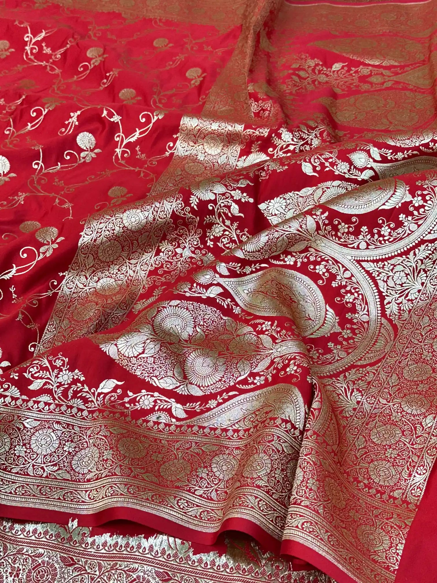 Bridal Red Satin Silk Saree with Rich Texture Design and Classical Pallu