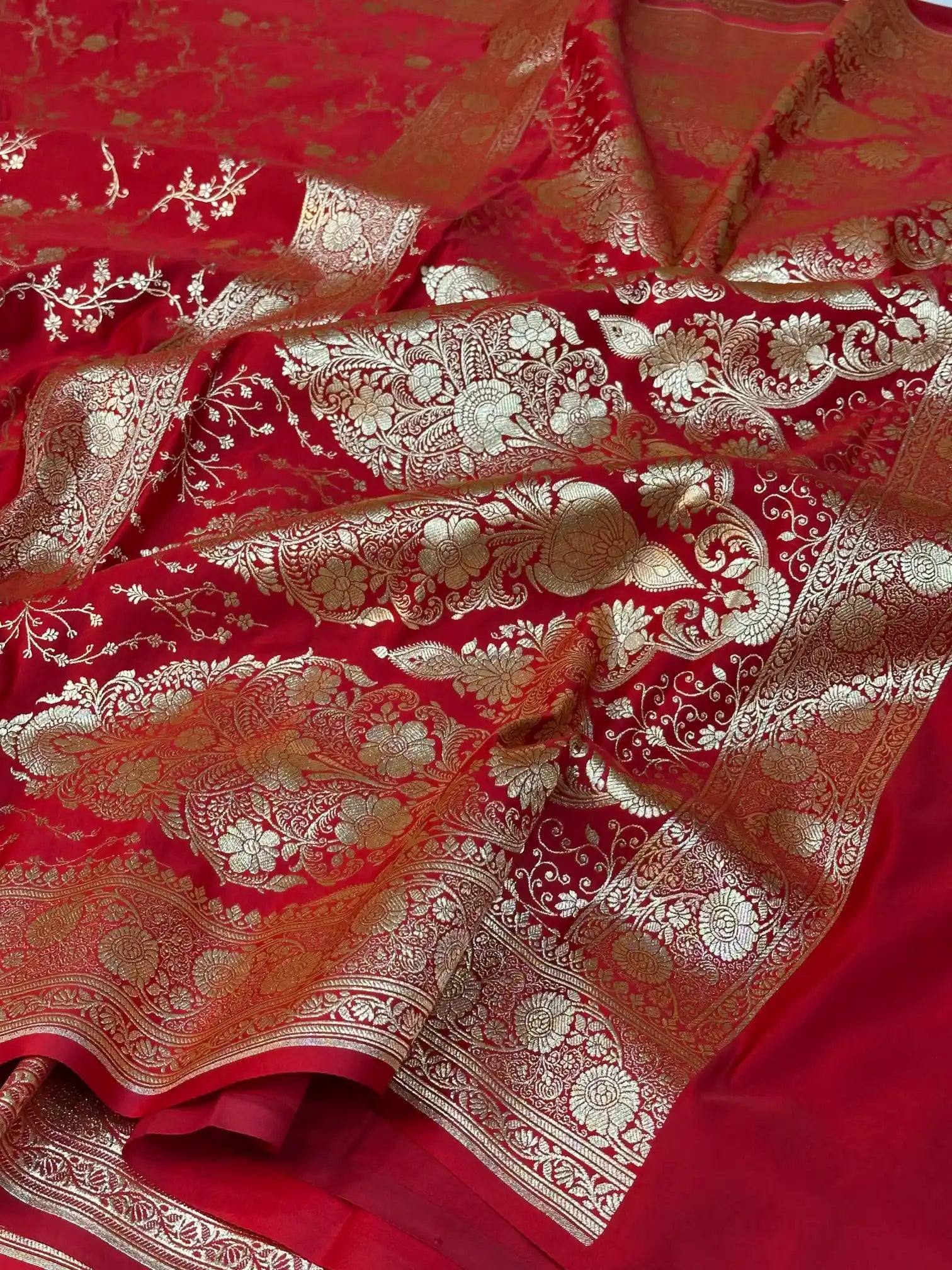 Bridal Red Satin Silk Saree with Rich Texture Design and Classical Pallu