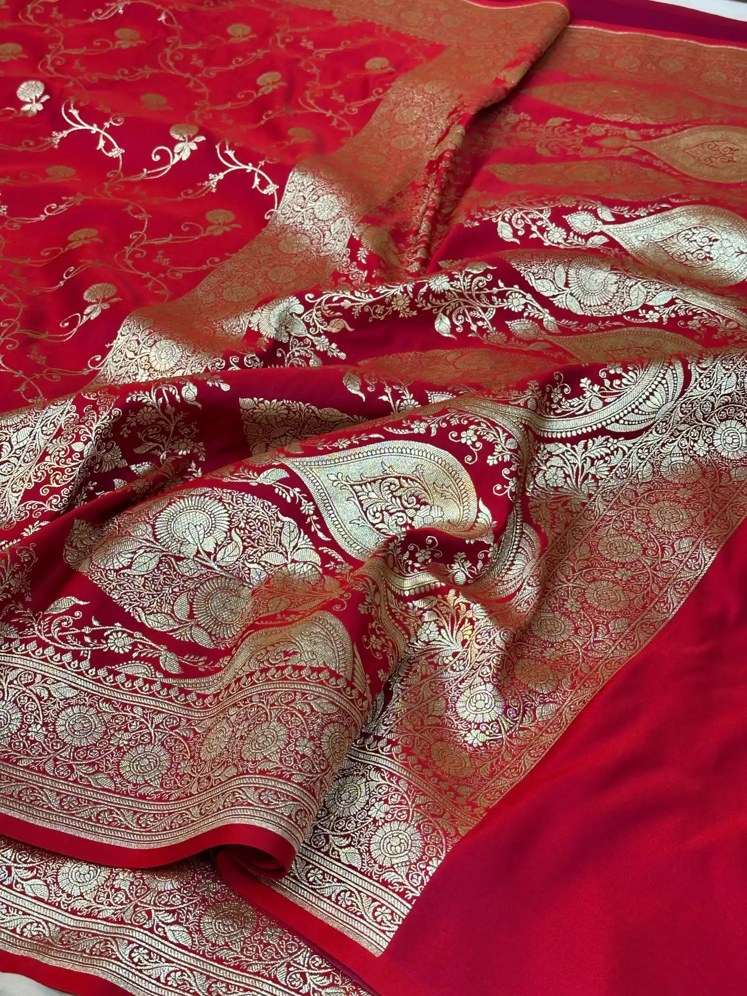 Bridal Red Satin Silk Saree with Rich Texture Design and Classical Pallu