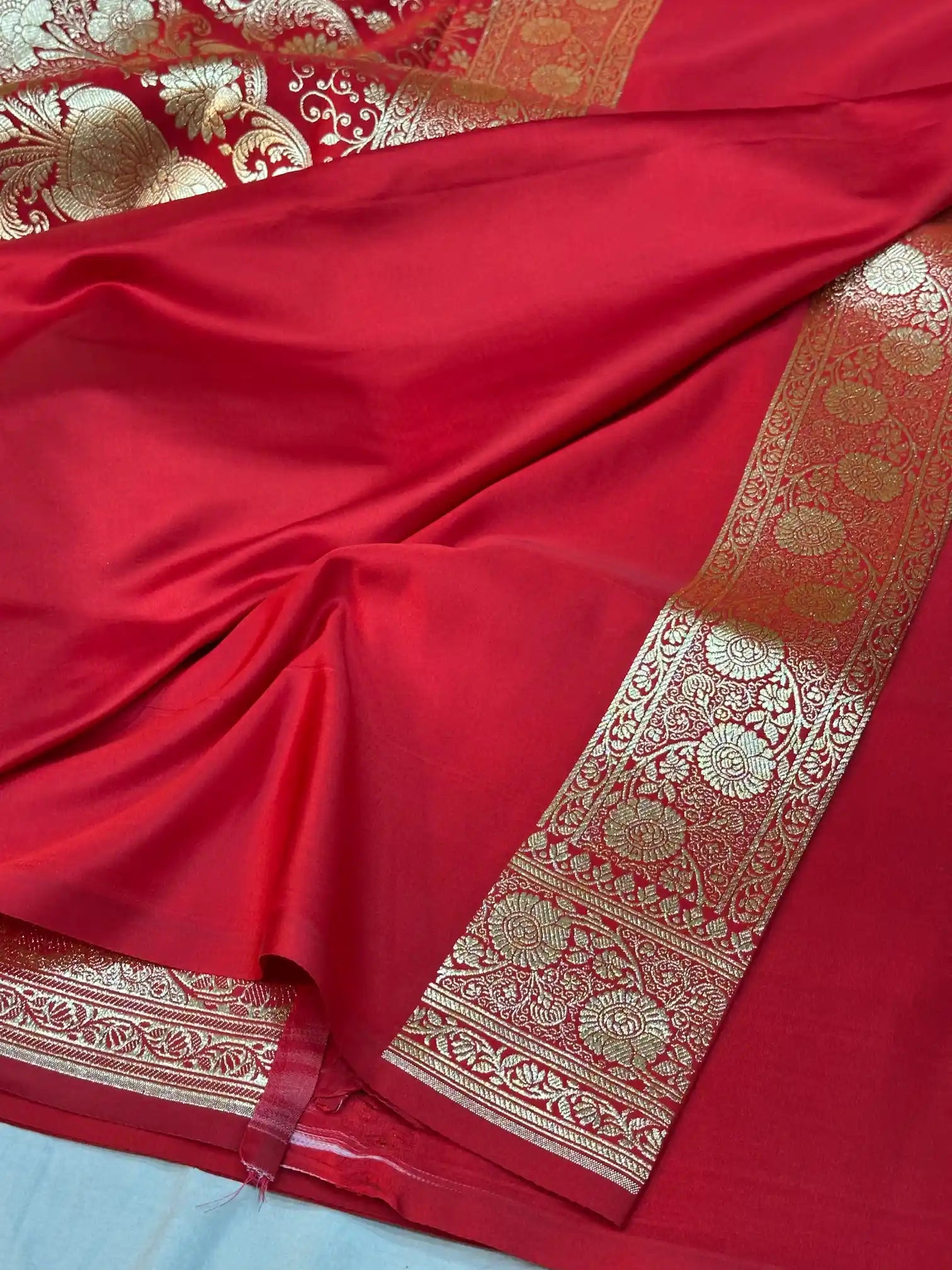 Bridal Red Satin Silk Saree with Rich Texture Design and Classical Pallu