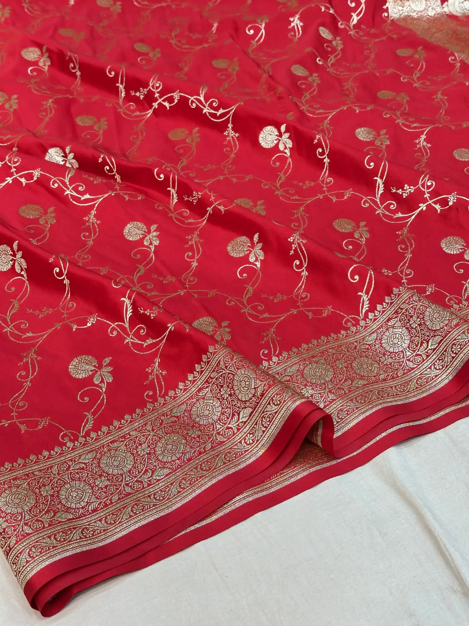 Bridal Red Satin Silk Saree with Rich Texture Design and Classical Pallu