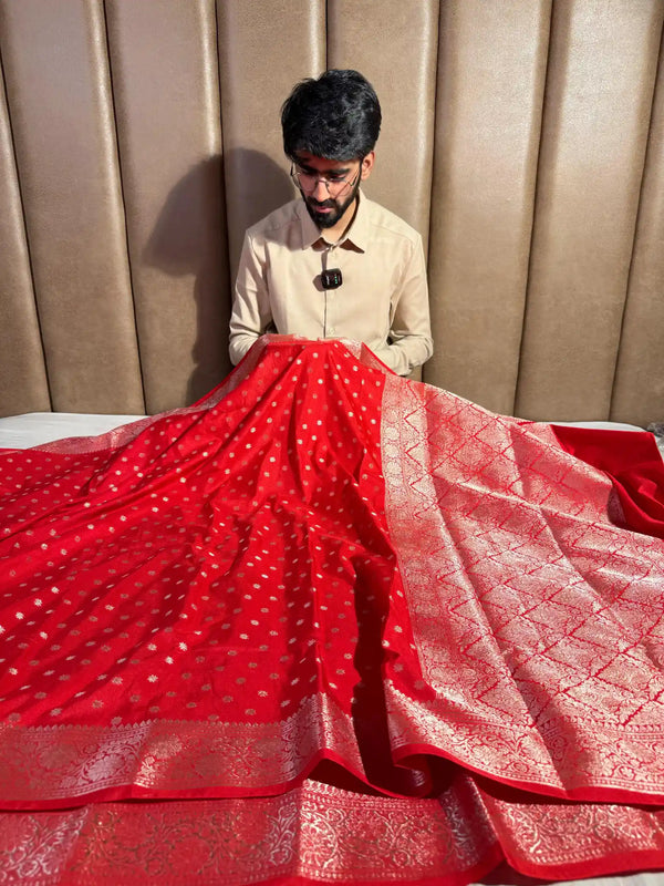 Bridal Red Semi Katan Silk Zari Buti Banarasi Saree