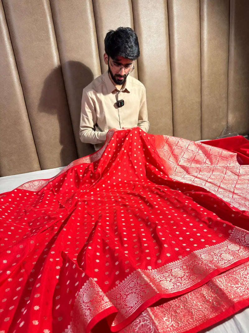 Bridal Red Semi Katan Silk Zari Buti Banarasi Saree