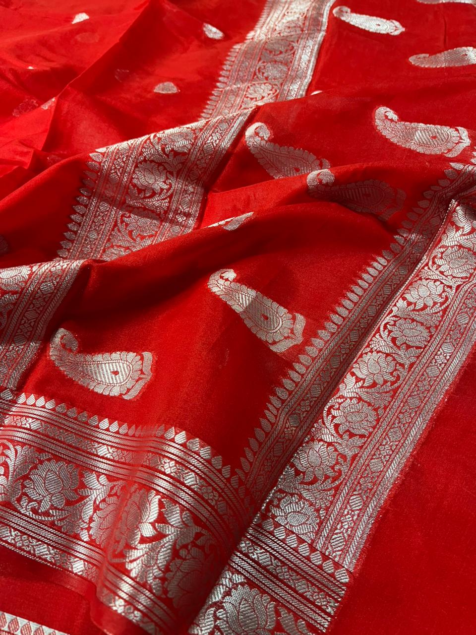 Bridal Red Semi Khaddi Chiffon Silk Banarasi Saree
