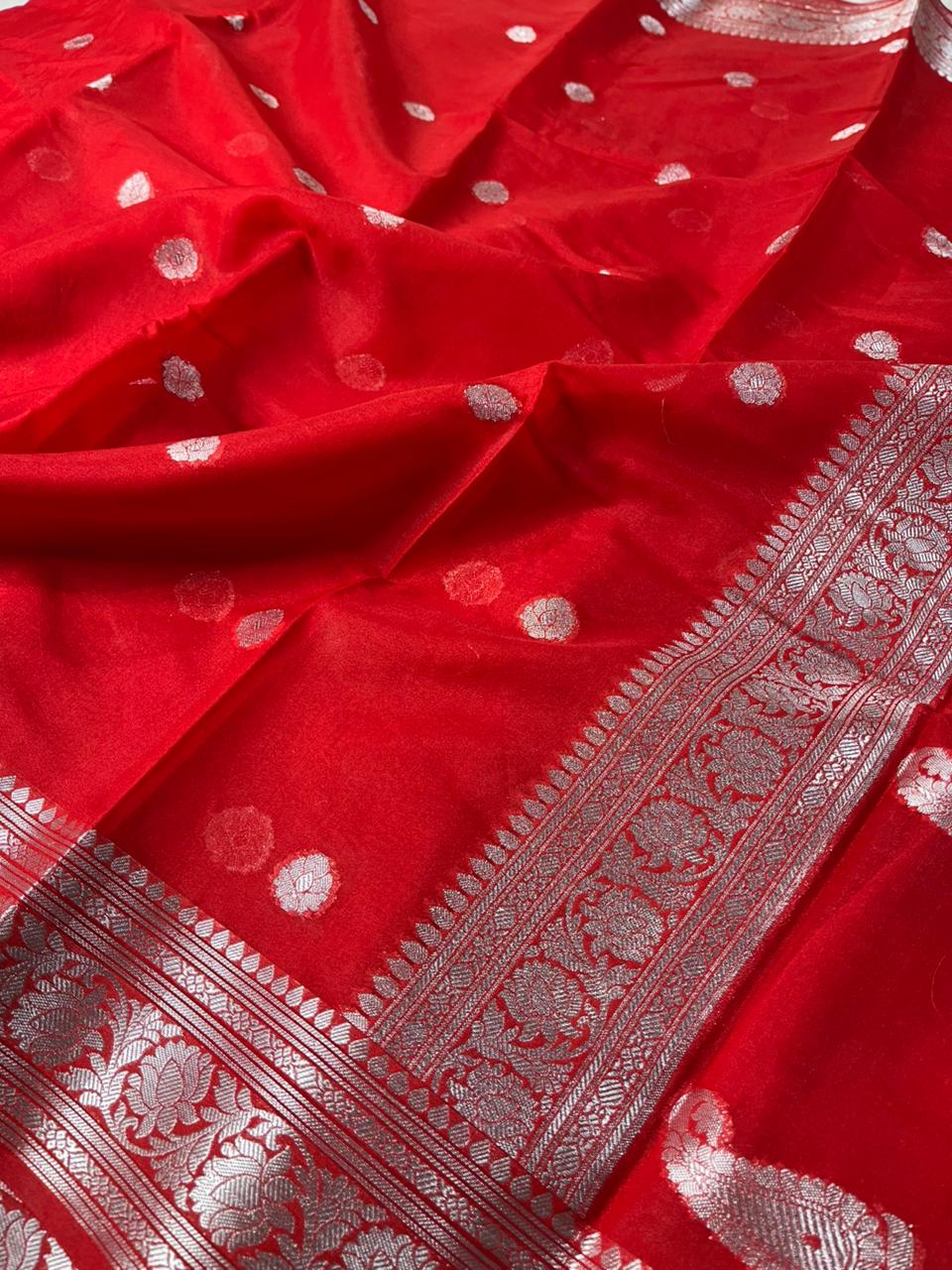 Bridal Red Semi Khaddi Chiffon Silk Banarasi Saree