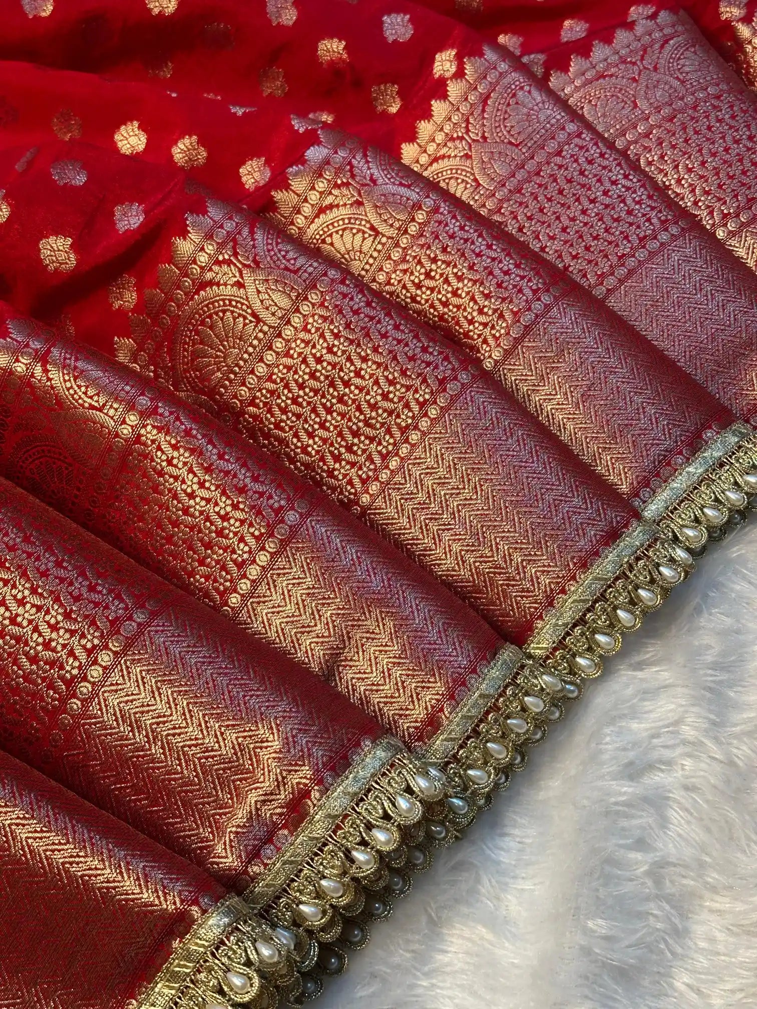 Bridal Red Shade Chinia Silk Traditional Banarasi Saree with Premium Moti Lace Work
