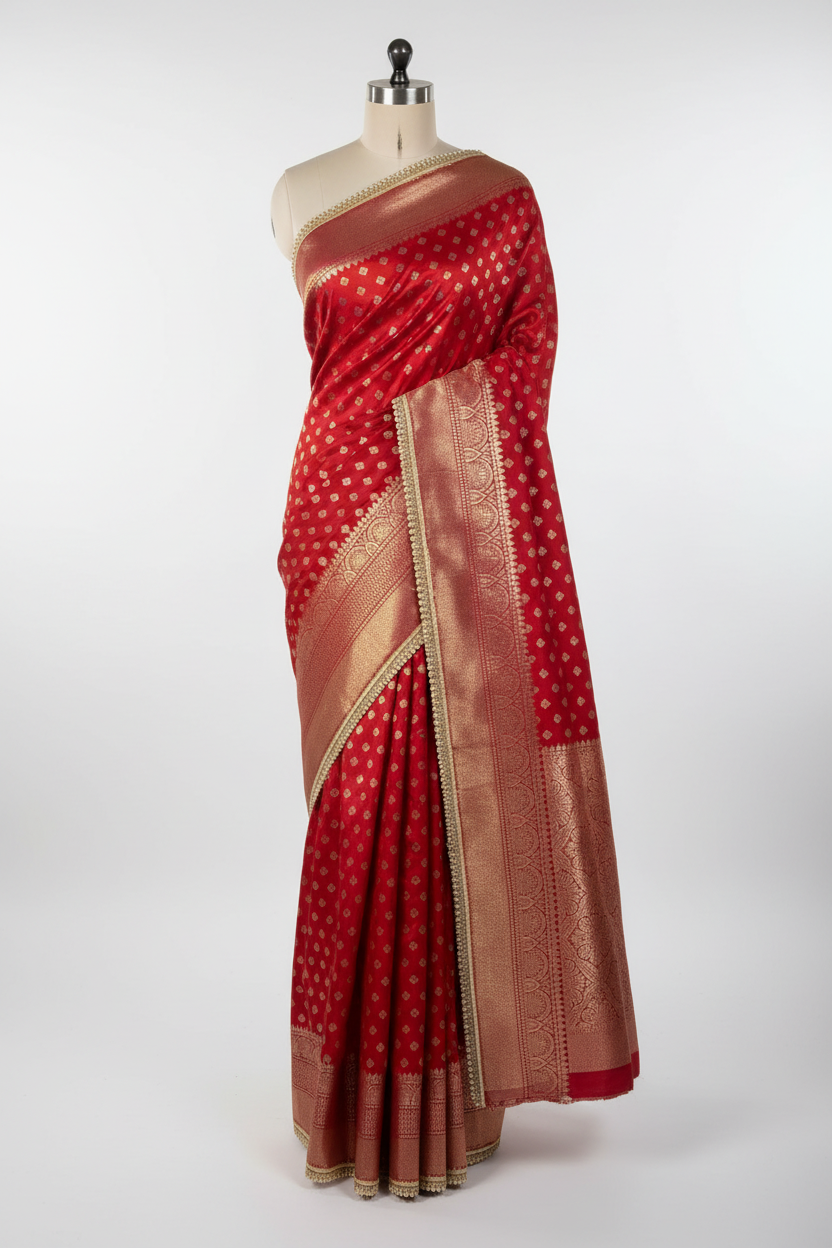 Bridal Red Chinia Silk Moti Lace Work Banarasi Saree