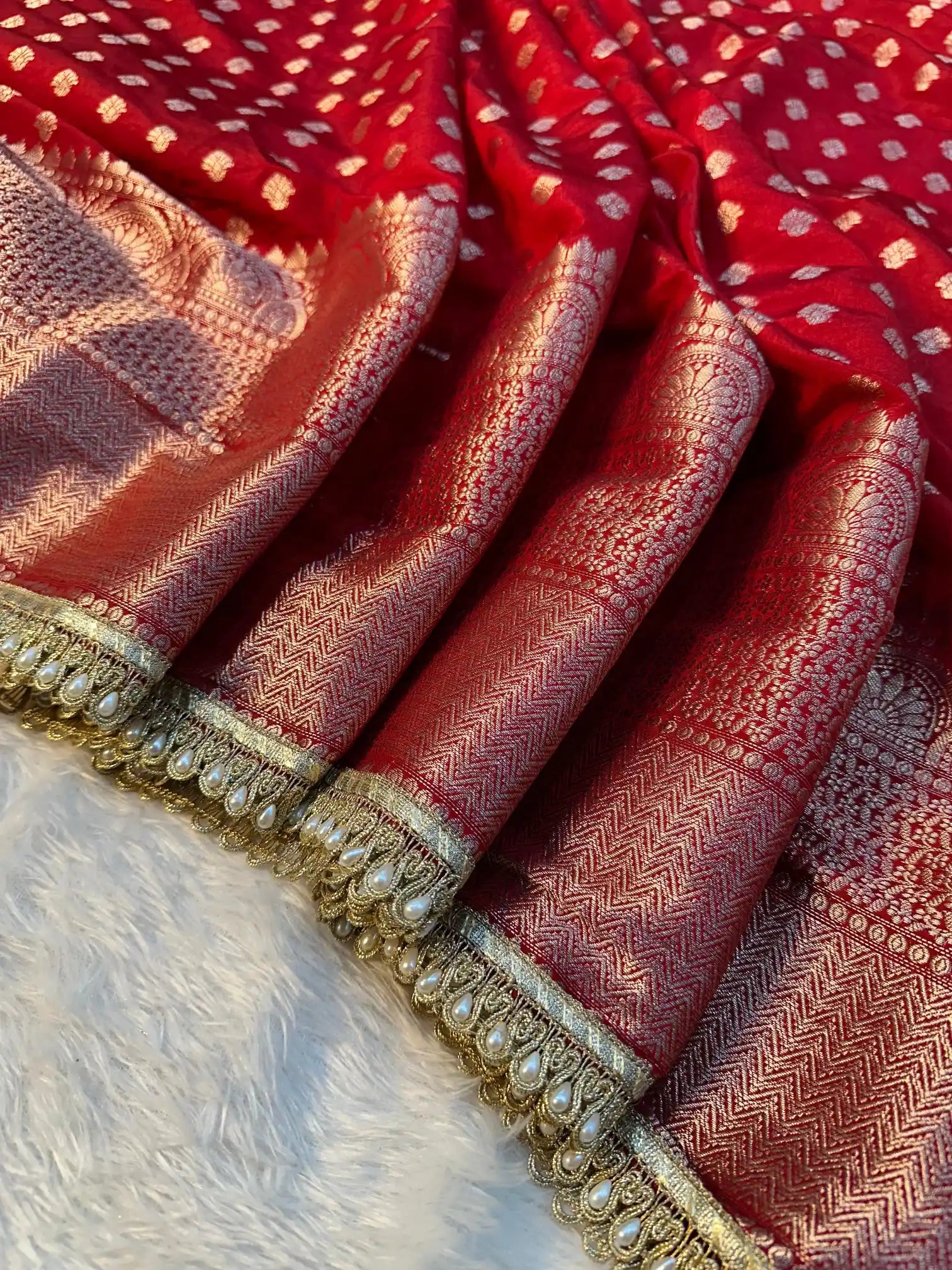 Bridal Red Shade Chinia Silk Traditional Banarasi Saree with Premium Moti Lace Work