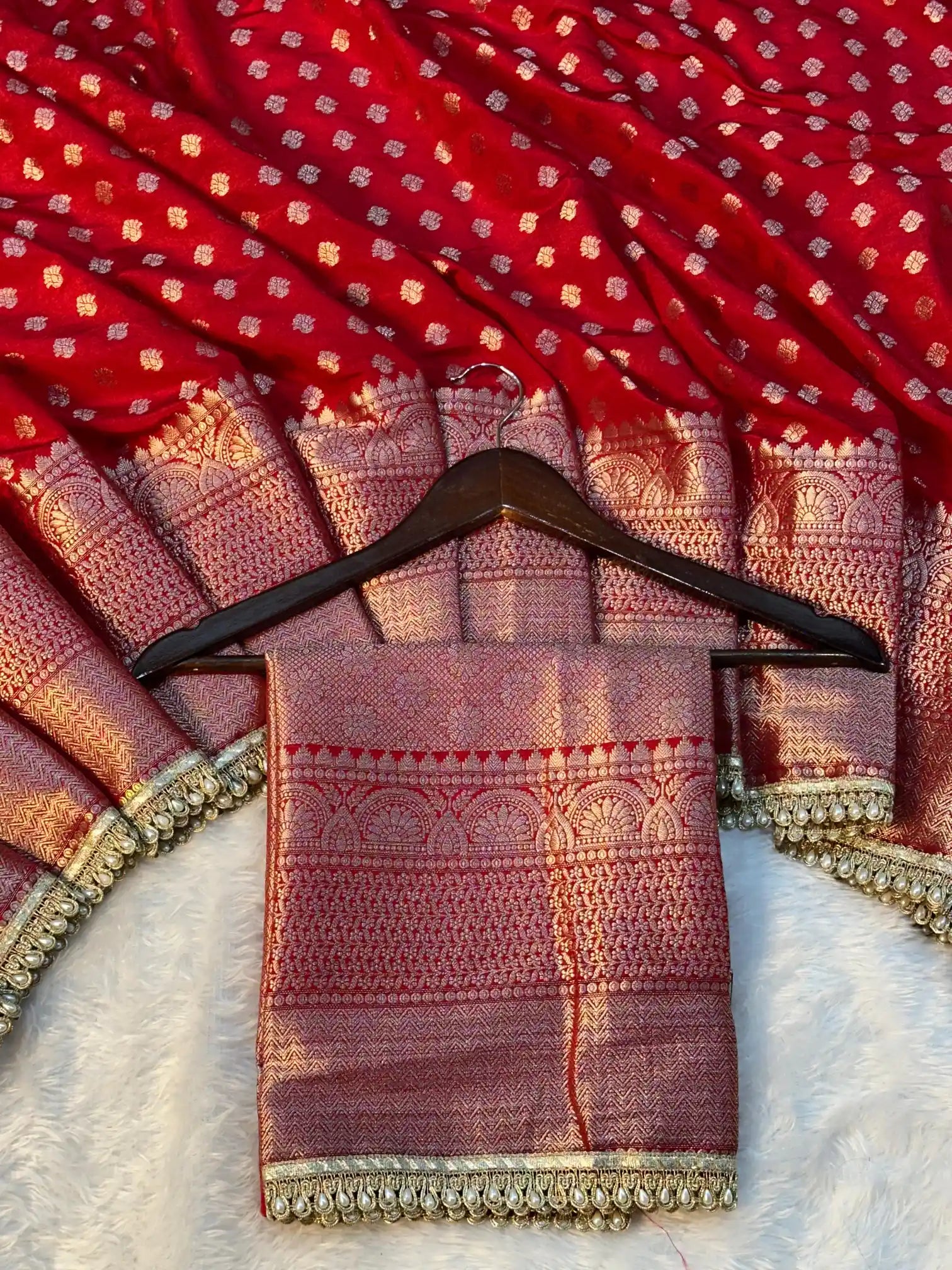 Bridal Red Shade Chinia Silk Traditional Banarasi Saree with Premium Moti Lace Work