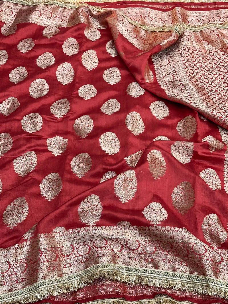  Bridal Red Shade Pure Chiniya Silk Designer Saree