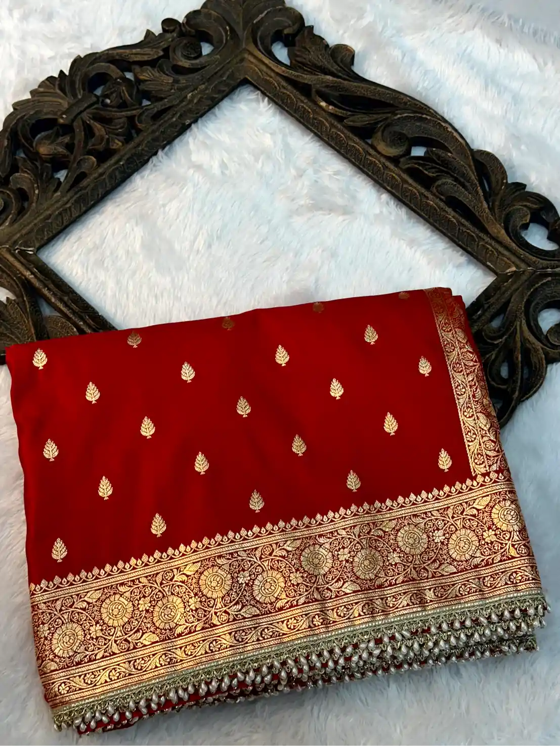Bridal Red Shade Satin Silk Traditional Banarasi Saree with Premium Moti Lace Work