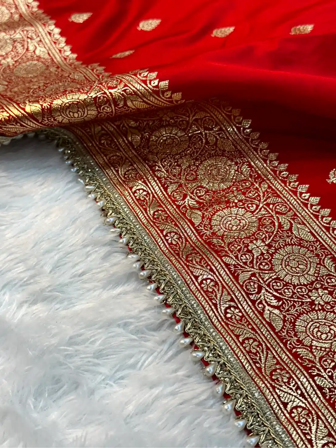 Bridal Red Shade Satin Silk Traditional Banarasi Saree with Premium Moti Lace Work