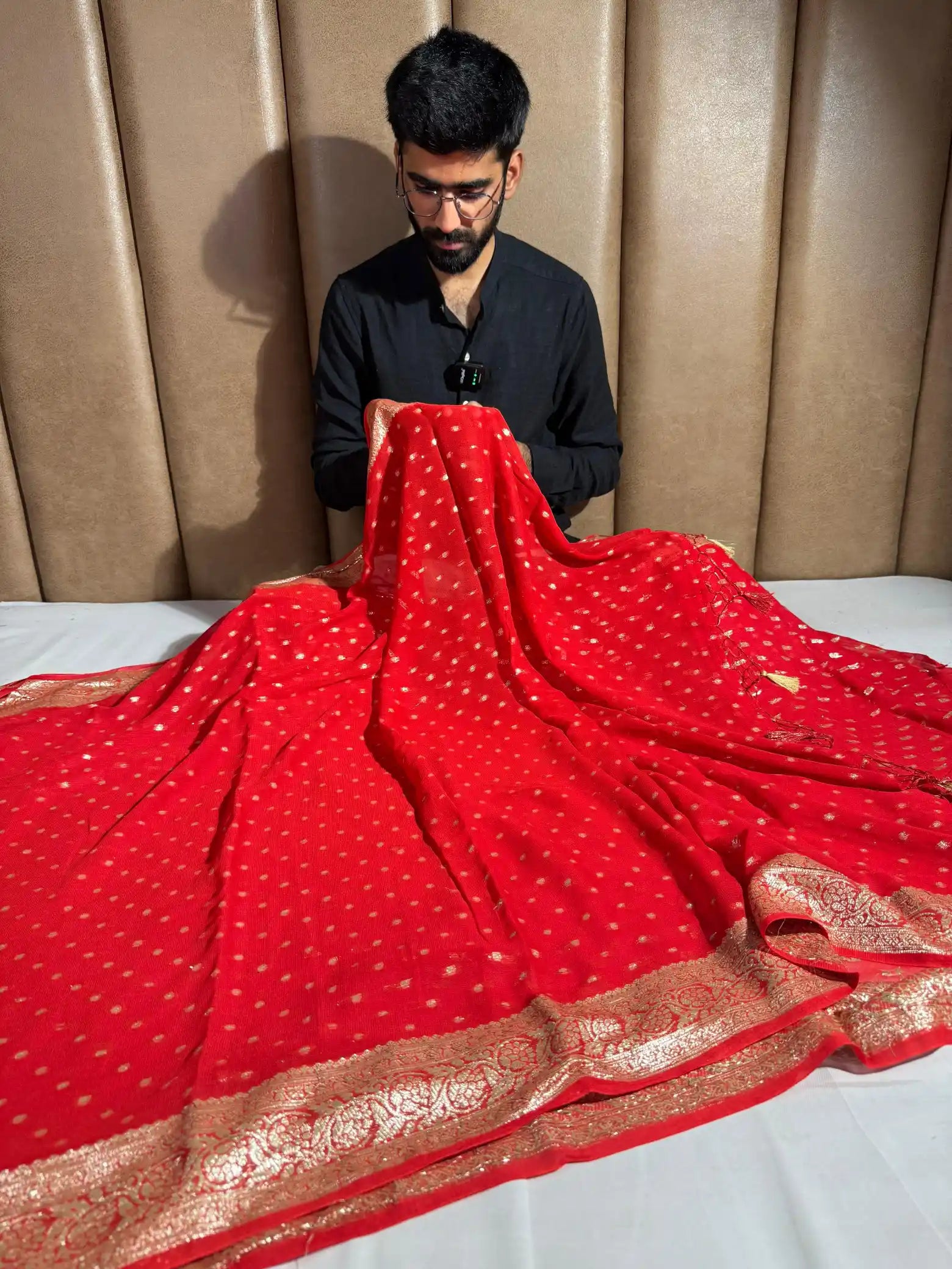 Bridal Red Viscose Georgette Handmade Tassles Banarasi Saree
