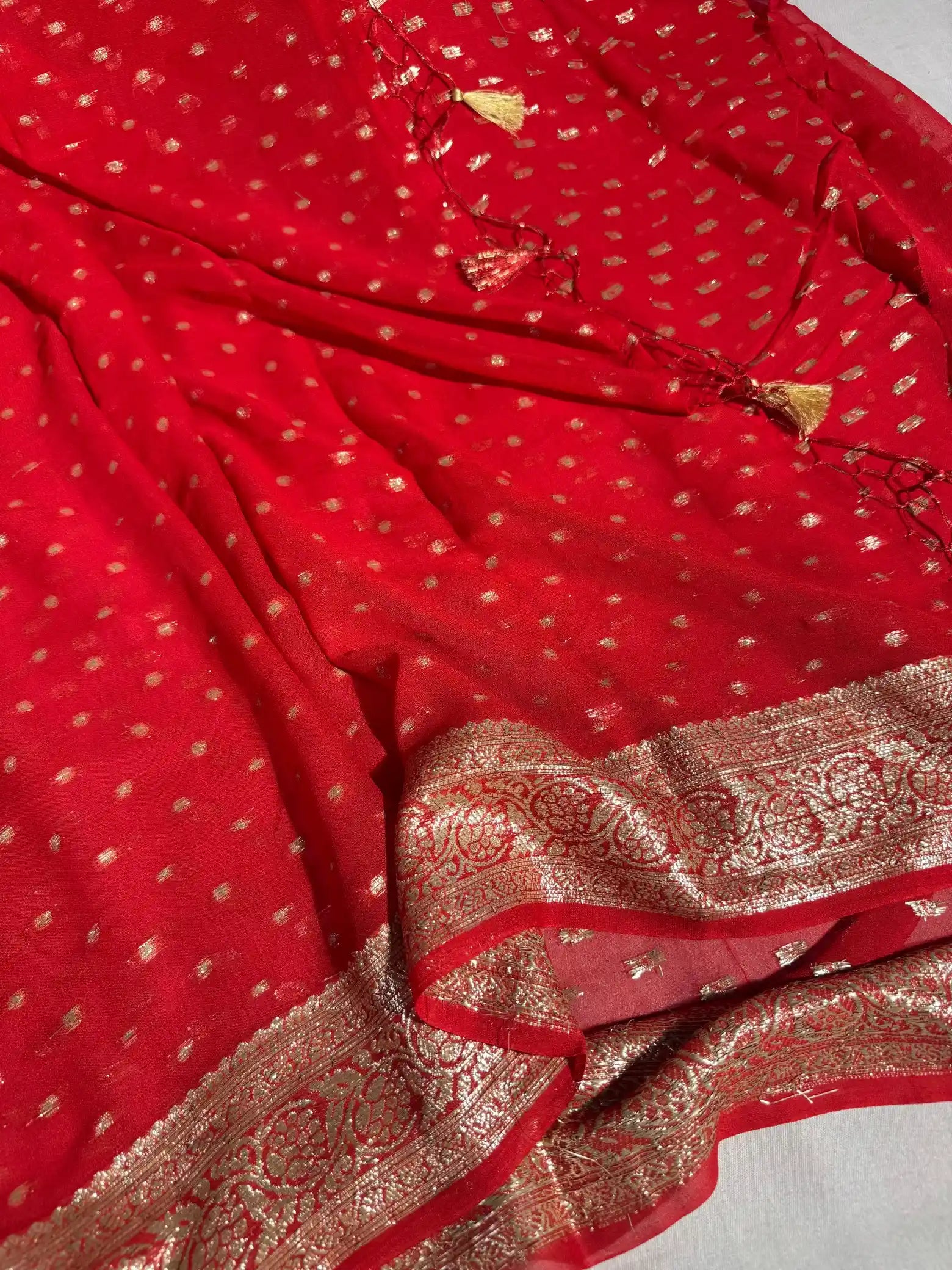 Bridal Red Viscose Georgette Handmade Tassles Banarasi Saree
