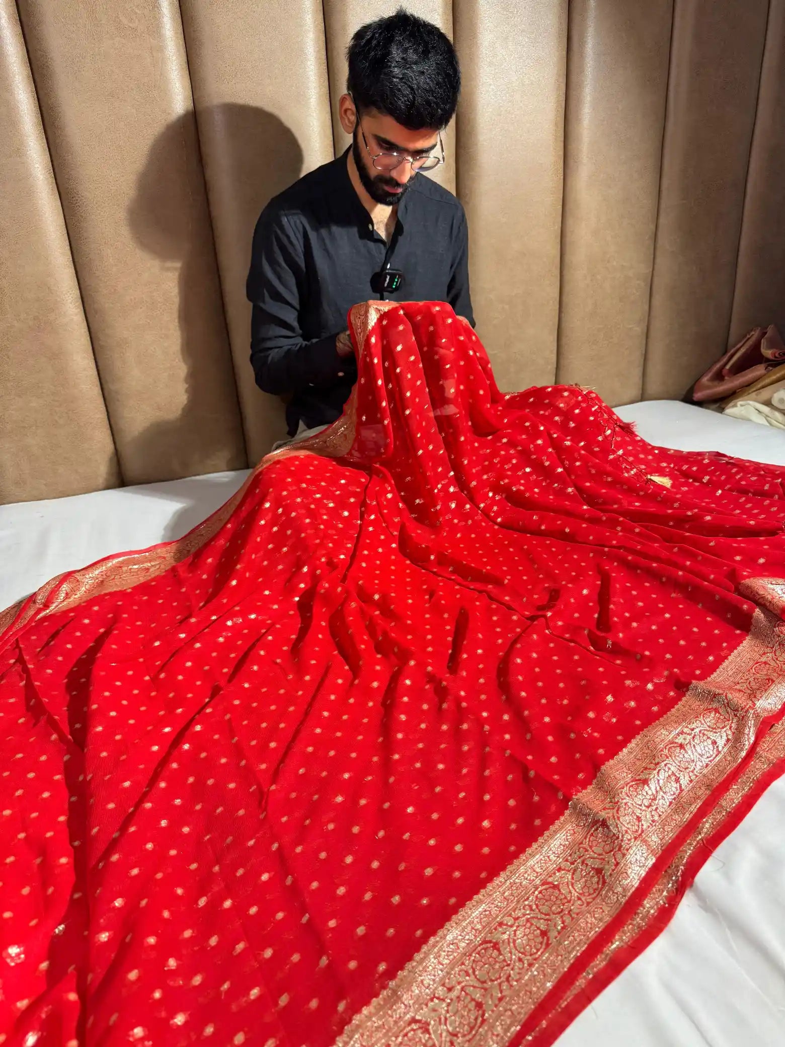 Bridal Red Viscose Georgette Handmade Tassles Banarasi Saree