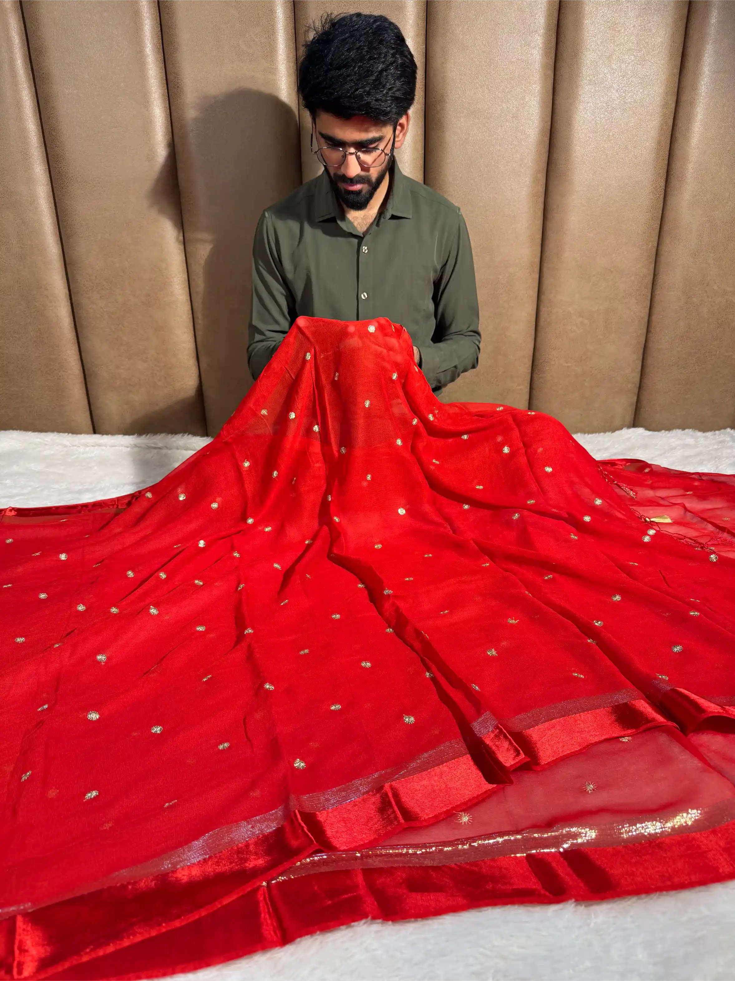 Bridal Red Viscose Georgette Silk Embroidered Saree