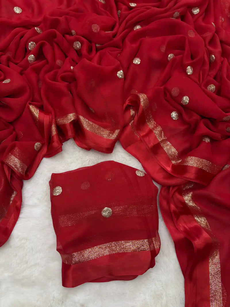 Bridal Red Viscose Satin Silk Sequins Buti Work Saree