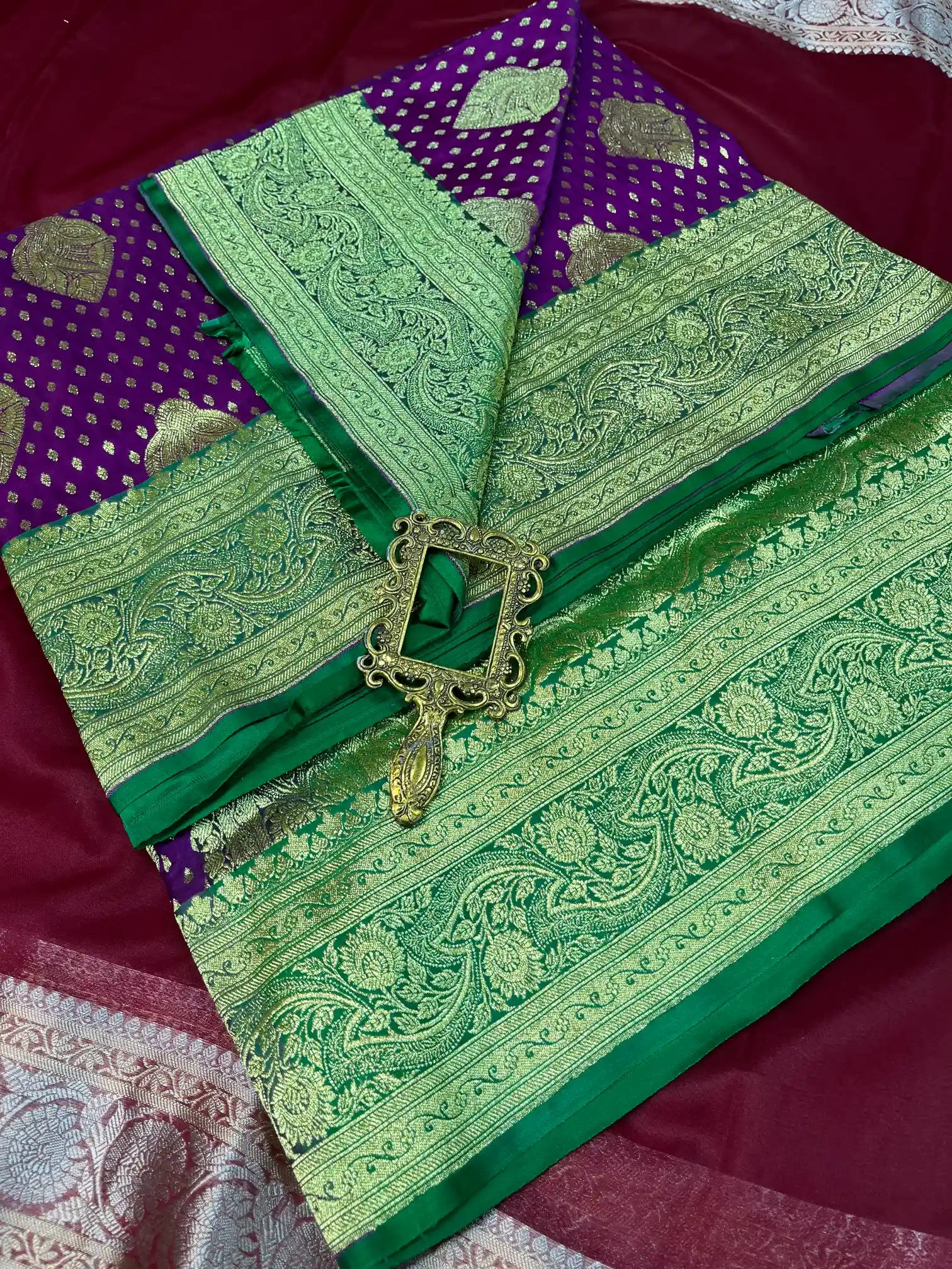 Bridal Purple Contrast Satin Silk Premium Buta Pattern Banarasi Saree