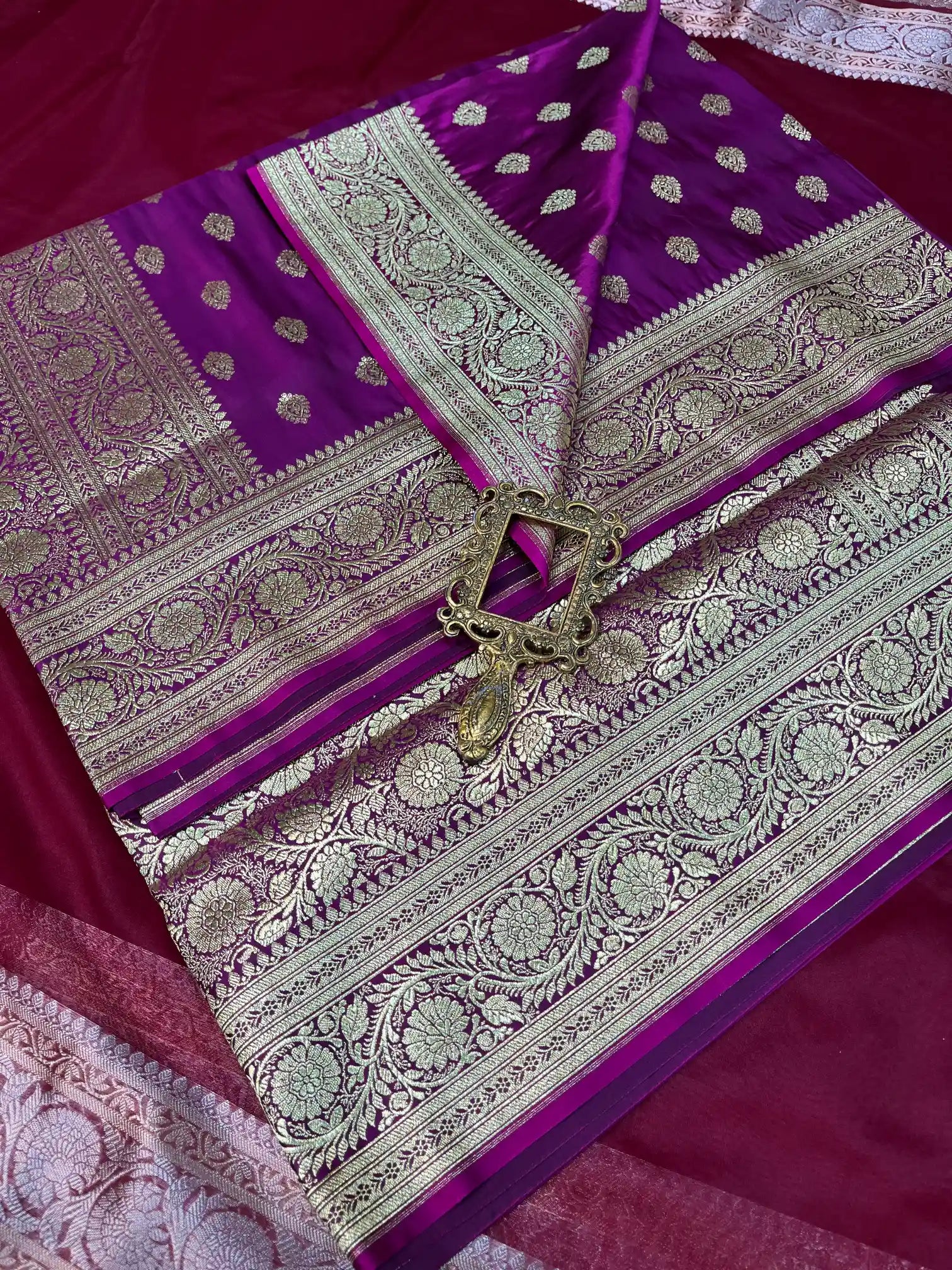 Bridal Purple Satin Silk Premium Buta Pattern Banarasi Saree
