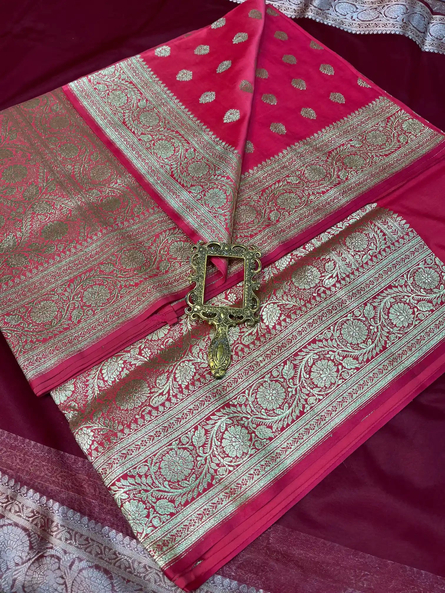 Bridal Rani Pink Satin Silk Premium Buta Pattern Banarasi Saree