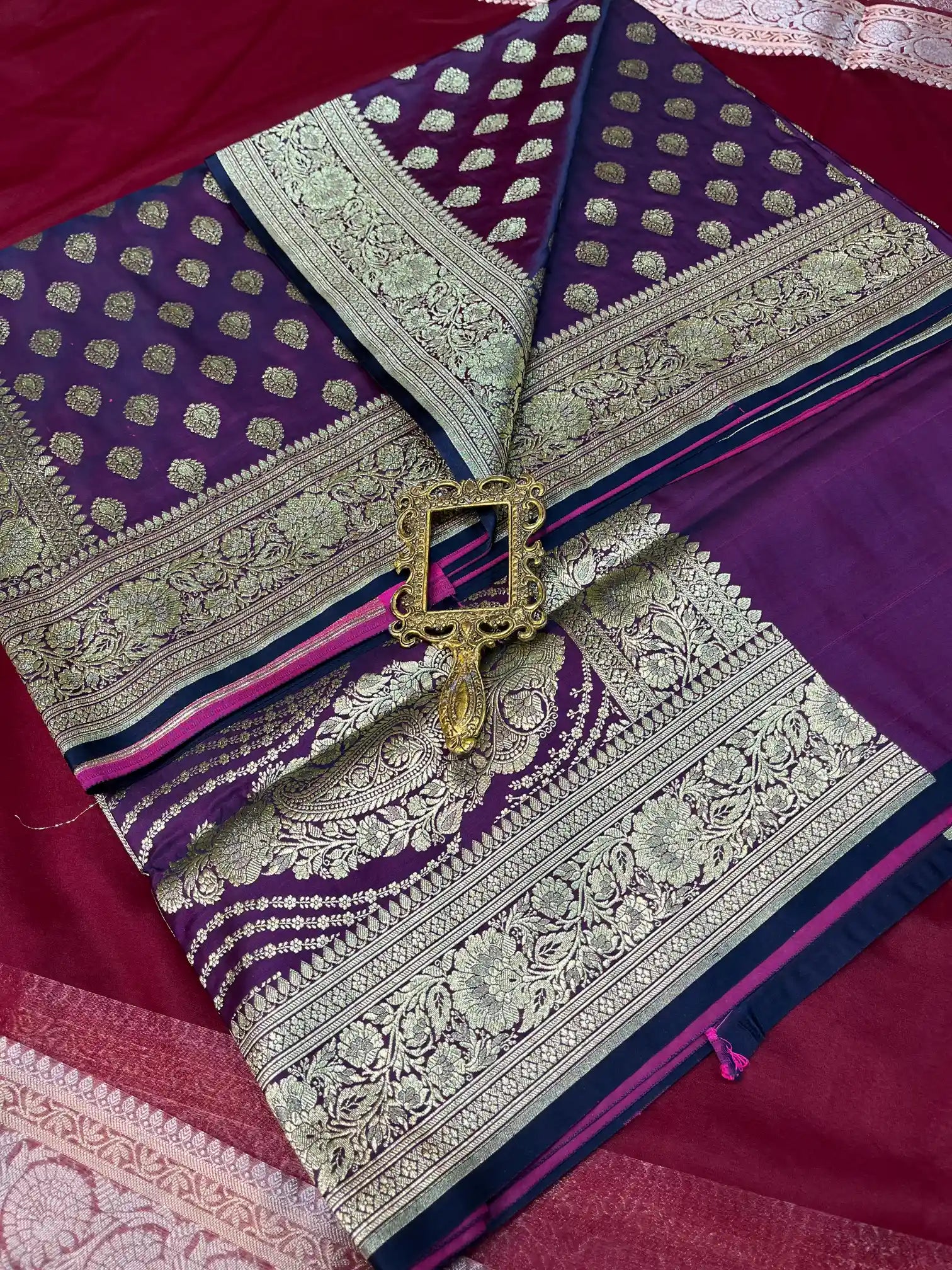 Bridal Dark Purple Satin Silk Premium Buta Pattern Banarasi Saree