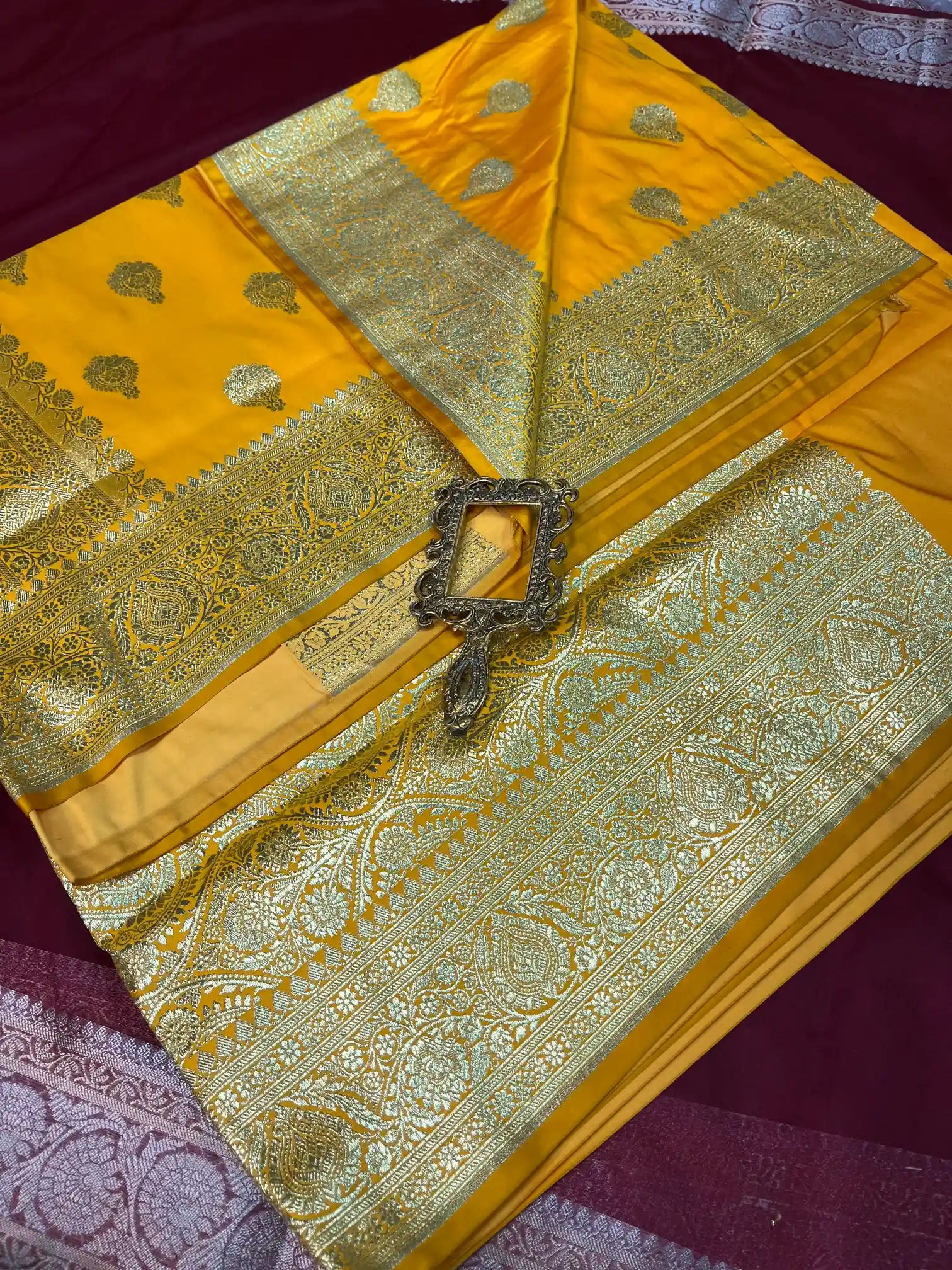 Bridal Yellow Satin Silk Premium Buta Pattern Banarasi Saree