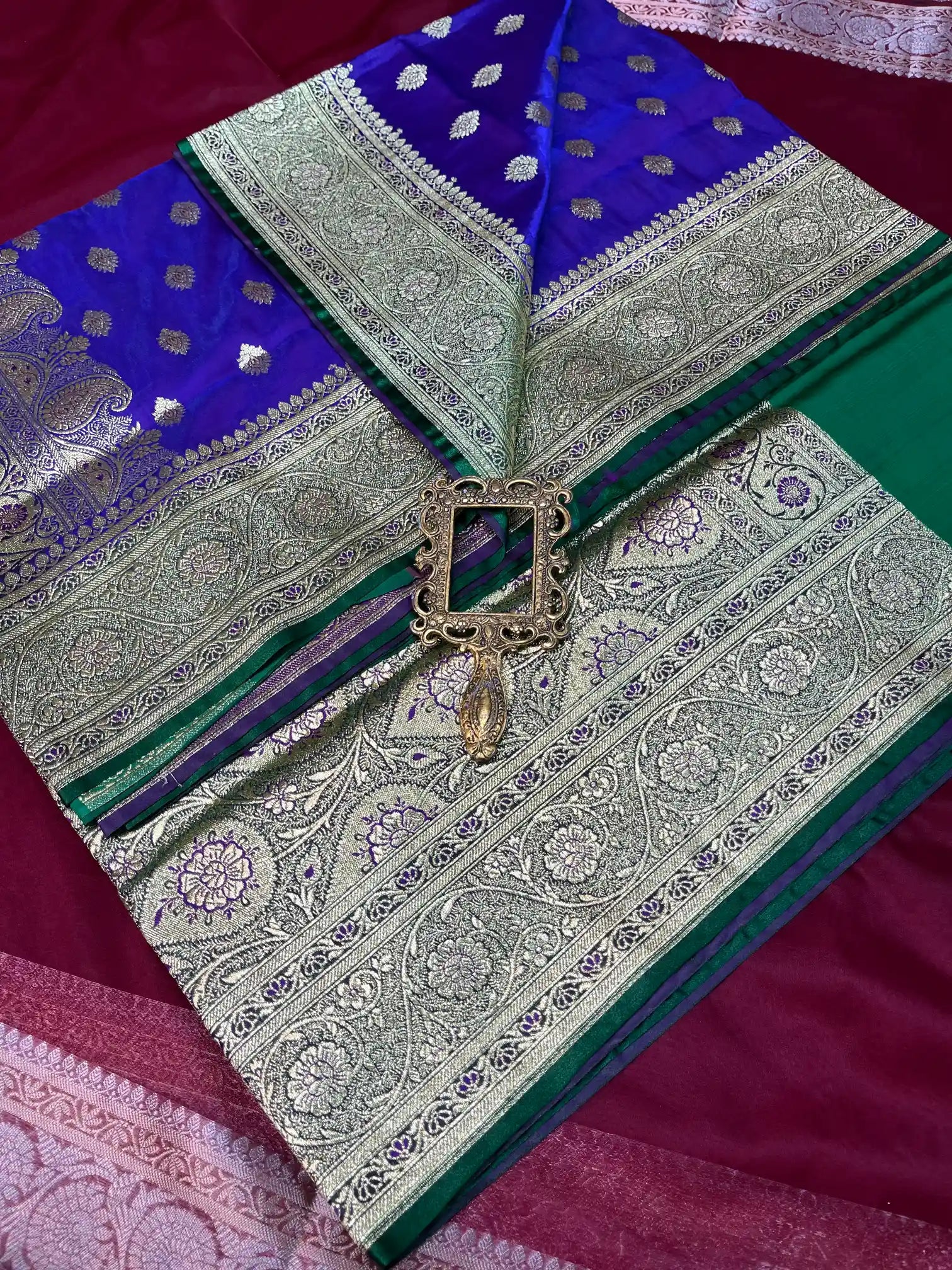 Bridal Blue Contrast Satin Silk Premium Buta Design Banarasi Saree