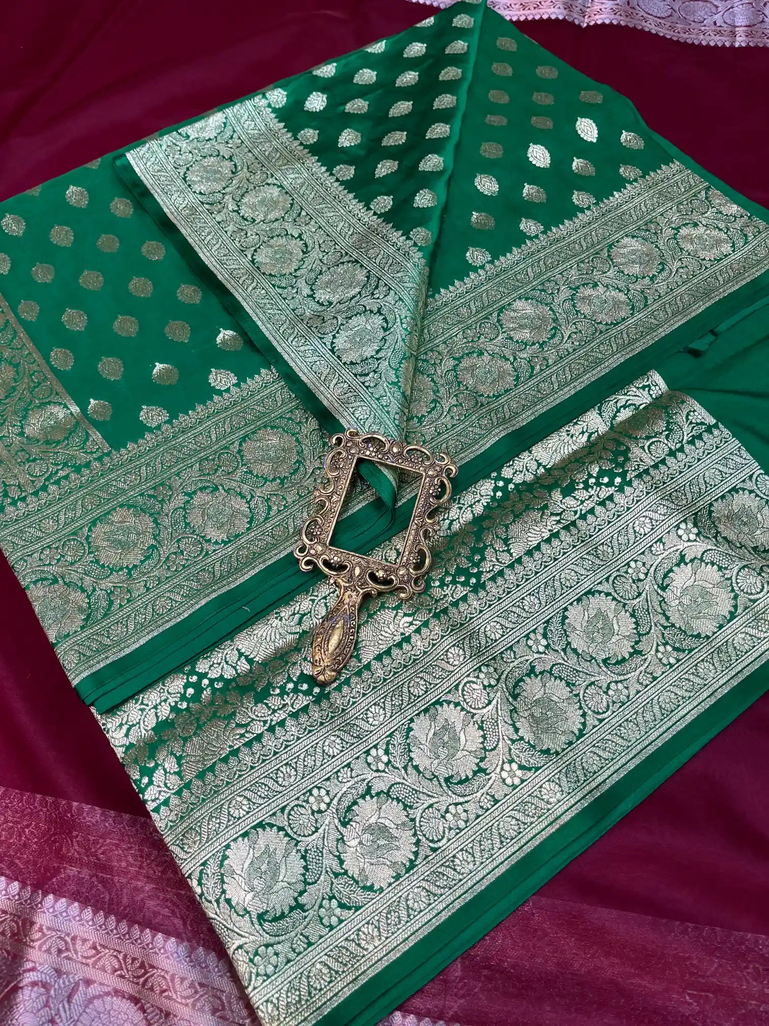 Bridal Green Satin Silk Premium Buta Design Banarasi Saree