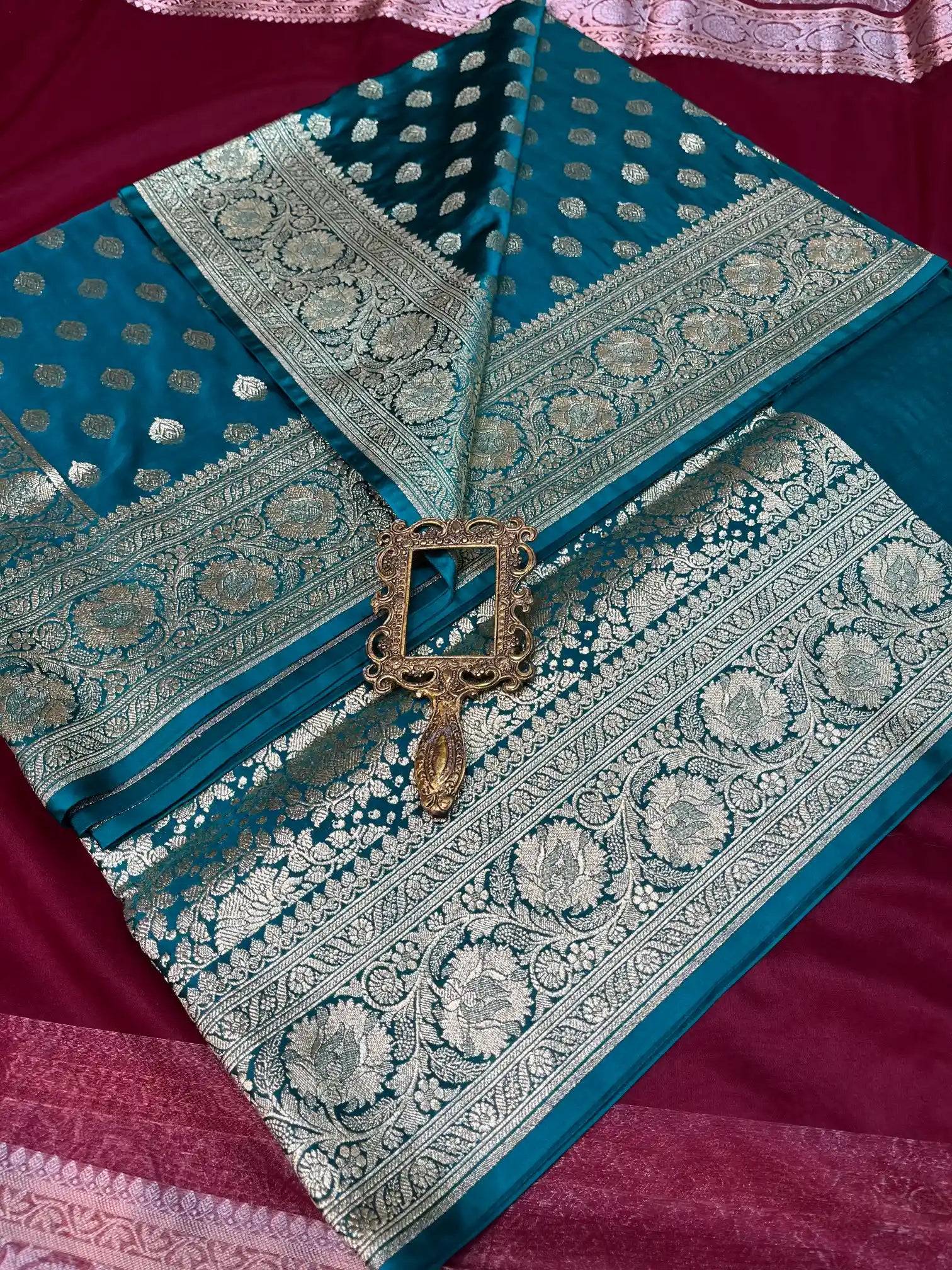 Bridal Persian Blue Satin Silk Premium Buta Design Banarasi Saree