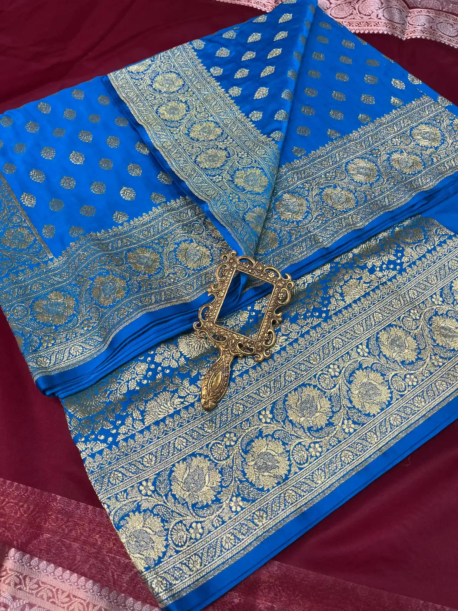 Bridal Royal Blue Satin Silk Premium Buta Design Banarasi Saree