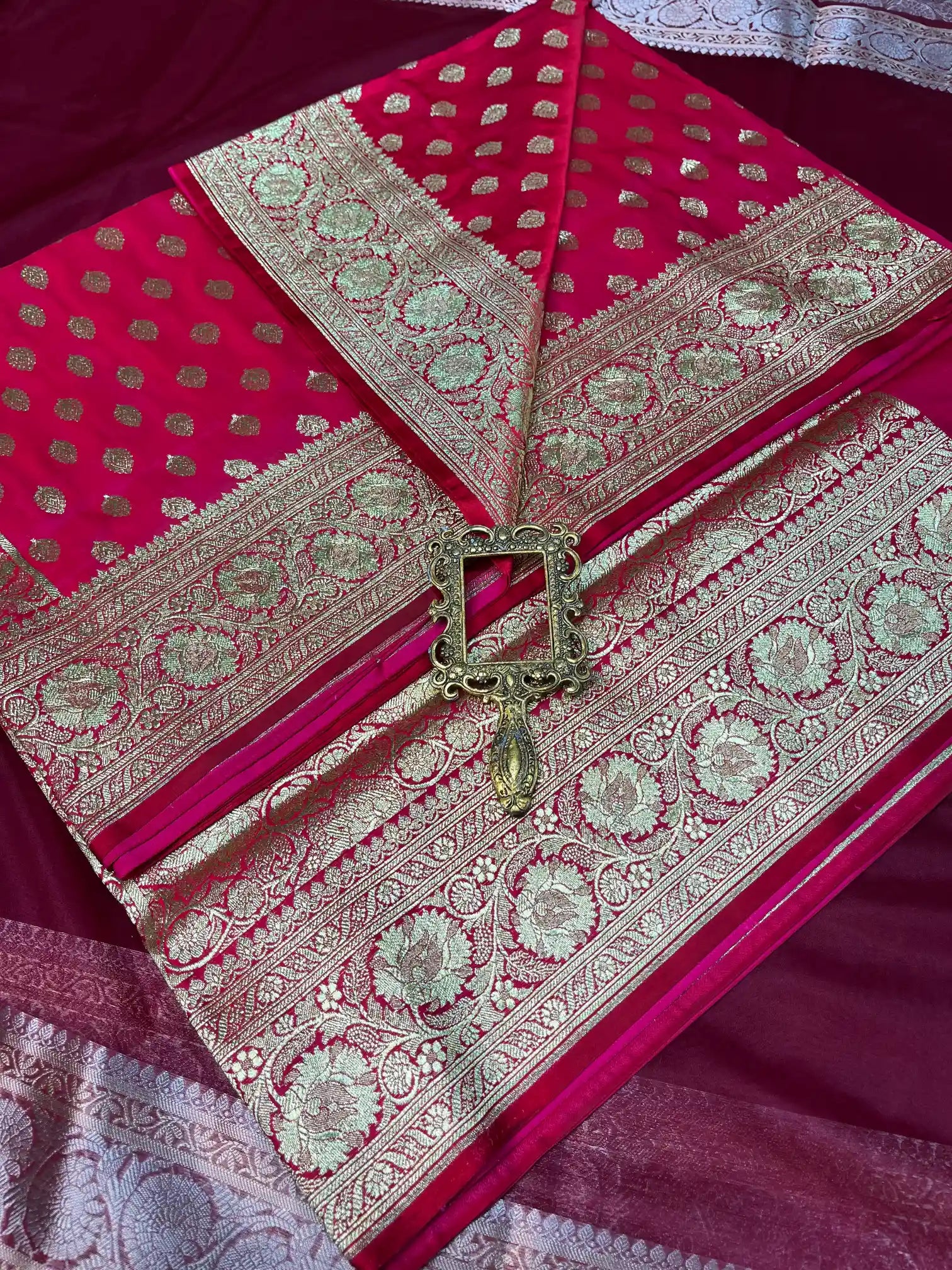 Bridal Deep Rani Pink Satin Silk Premium Buta Design Banarasi Saree