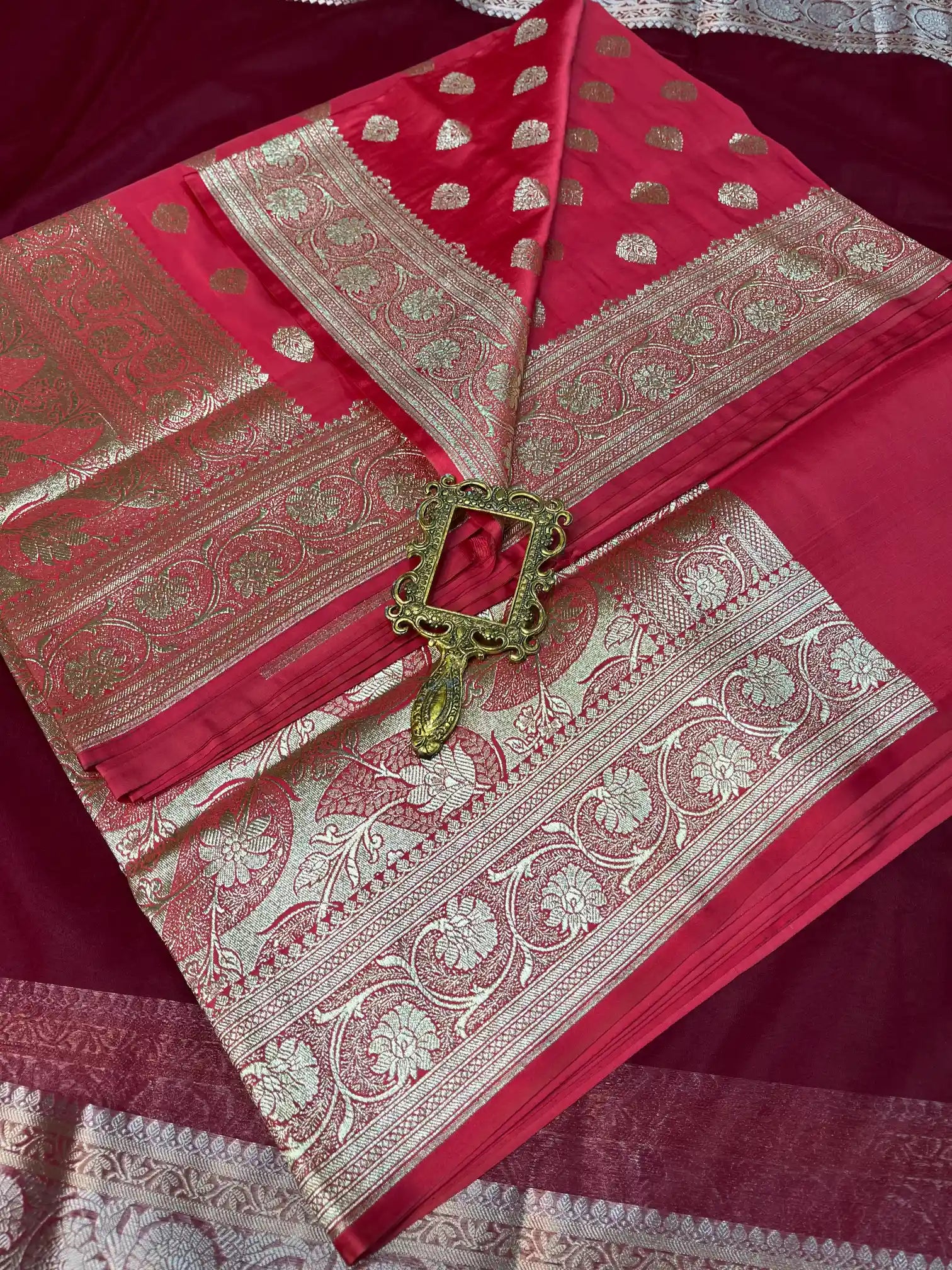 Bridal Deep Carmine Satin Silk Premium Buta Design Banarasi Saree