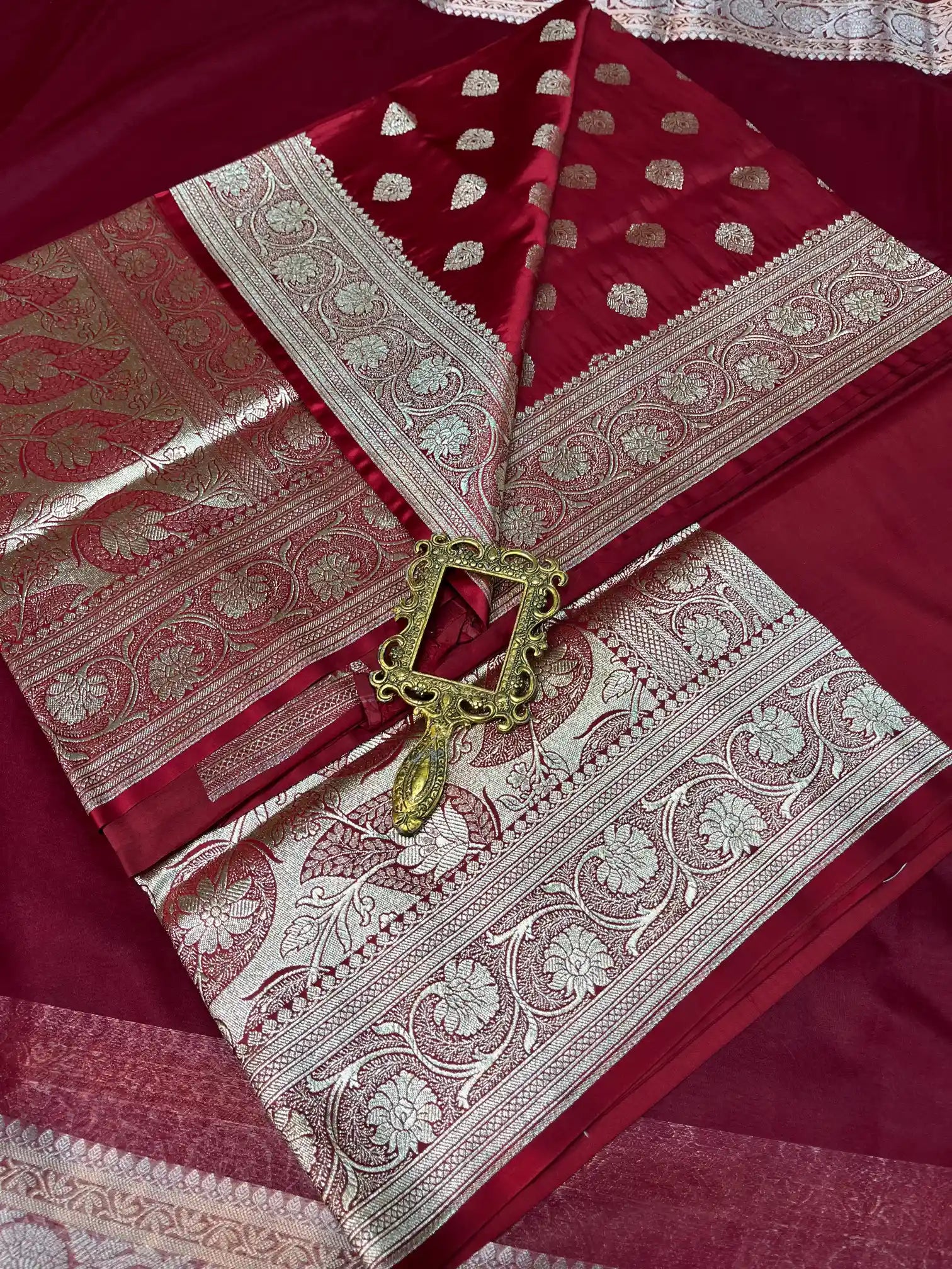 Bridal Persian Maroon Satin Silk Premium Buta Design Banarasi Saree