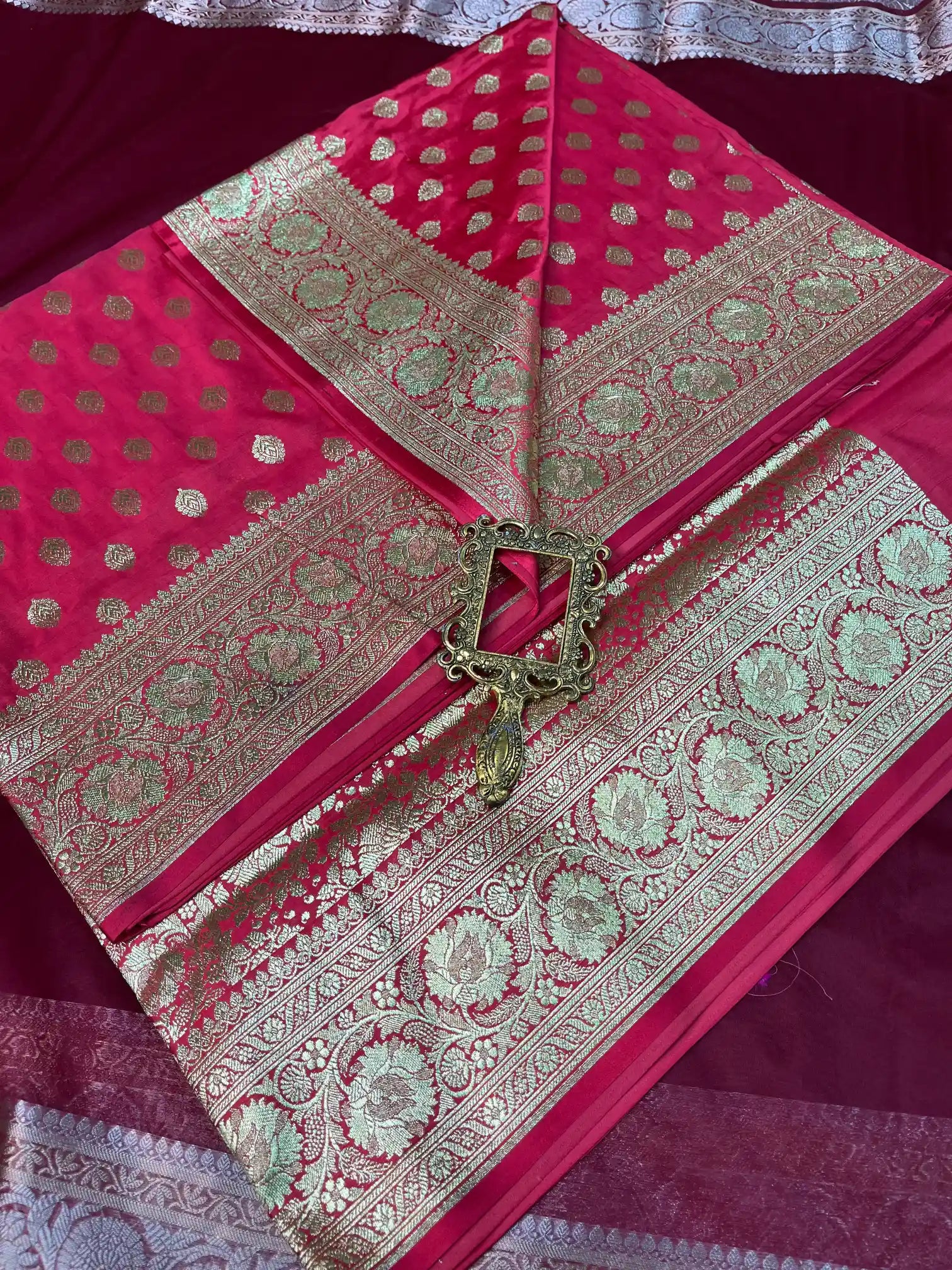 Bridal Deep Rani Pink Satin Silk Premium Buta Design Banarasi Saree