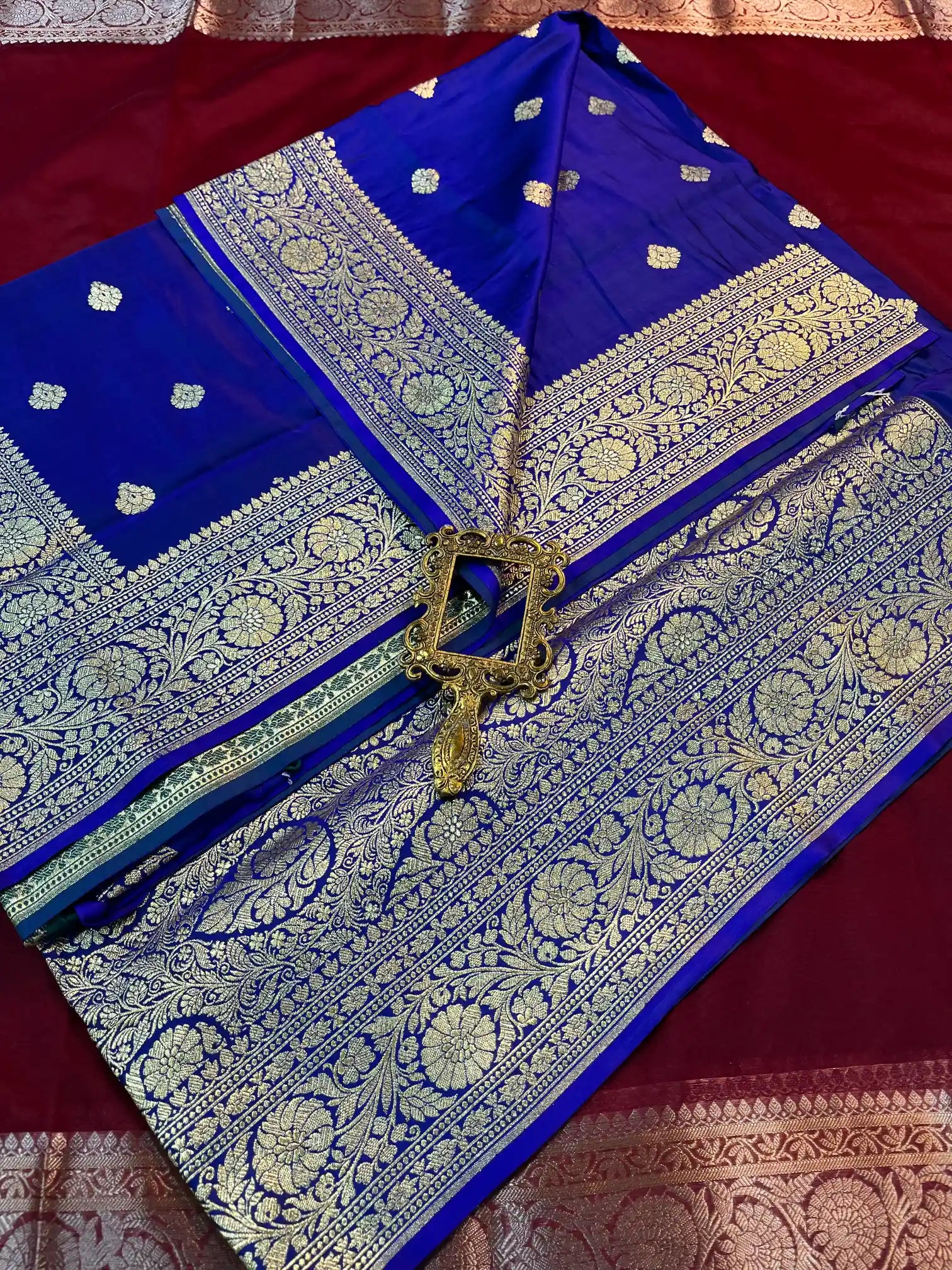 Bridal Royal Blue Satin Silk Premium Buta Design Banarasi Saree