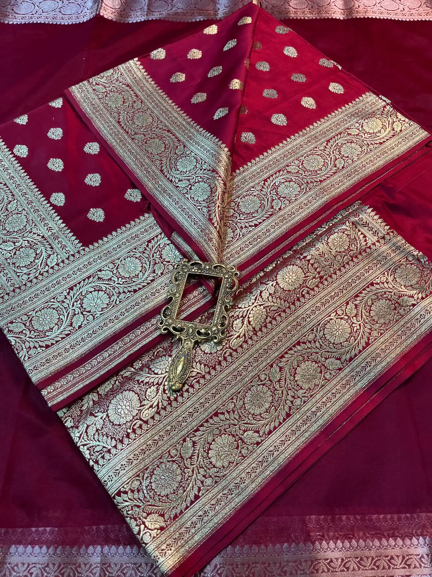 Bridal Maroon Satin Silk Premium Buta Design Banarasi Saree
