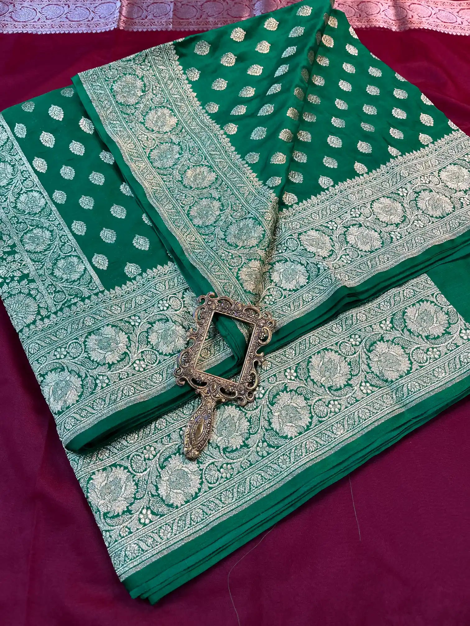 Bridal Green Satin Silk Premium Buta Design Banarasi Saree