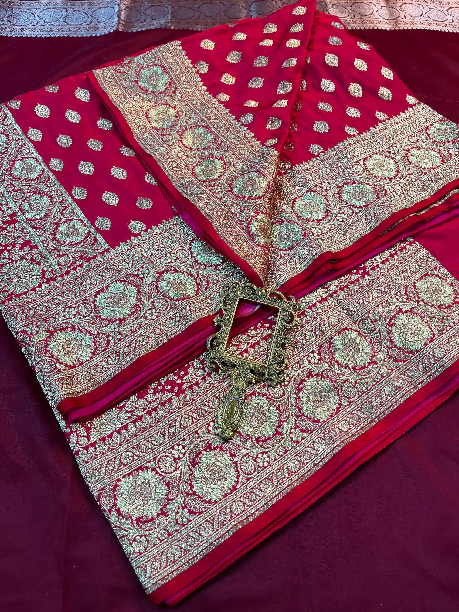 Bridal Deep Carmine Satin Silk Premium Buta Design Banarasi Saree