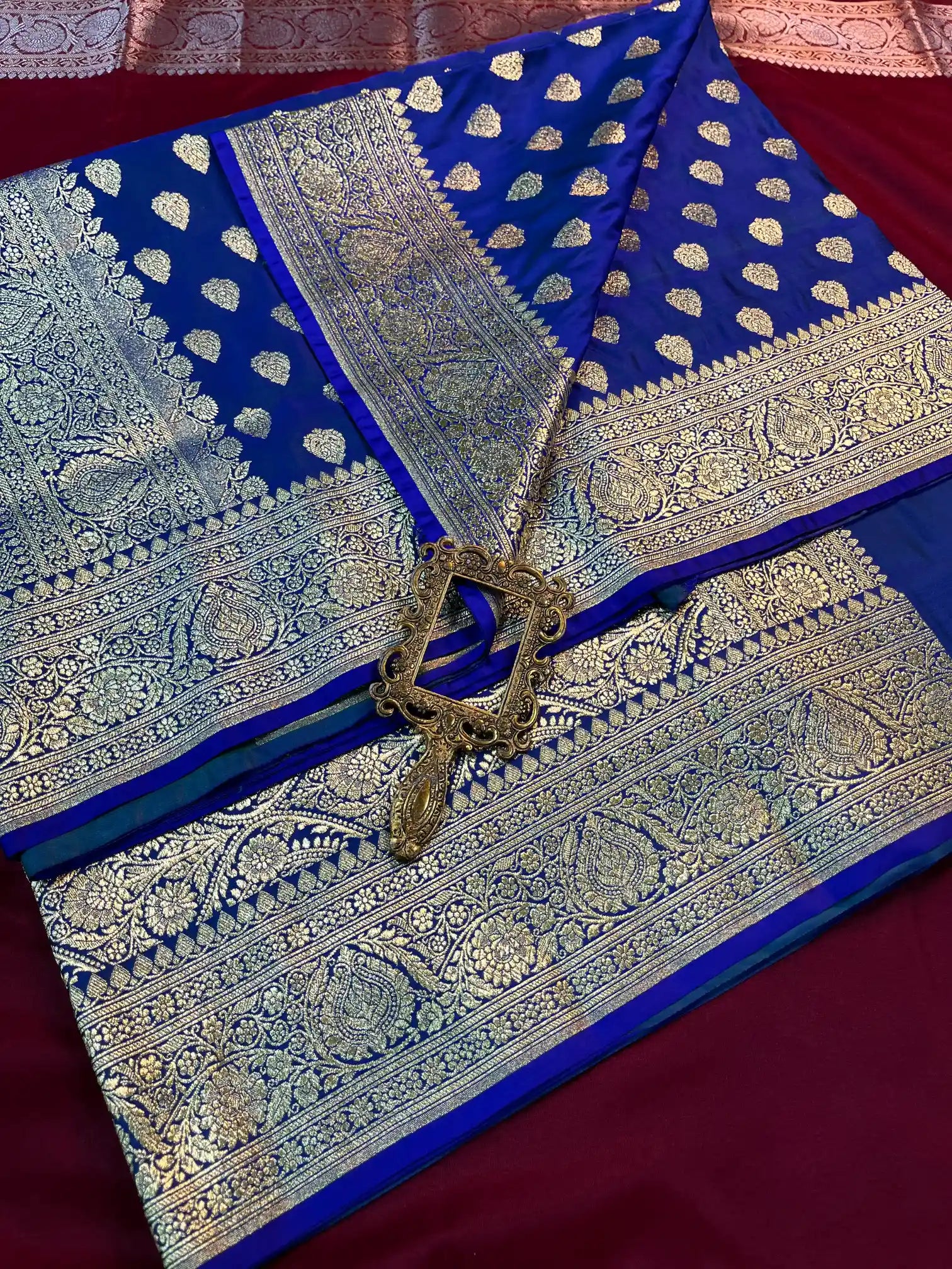 Bridal Royal Blue Satin Silk Premium Buta Design Banarasi Saree