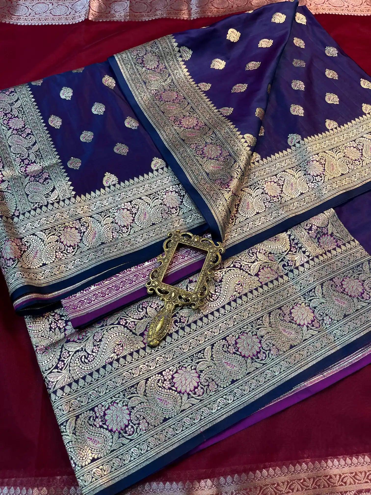 Bridal Navy Blue Satin Silk Premium Buta Design Banarasi Saree