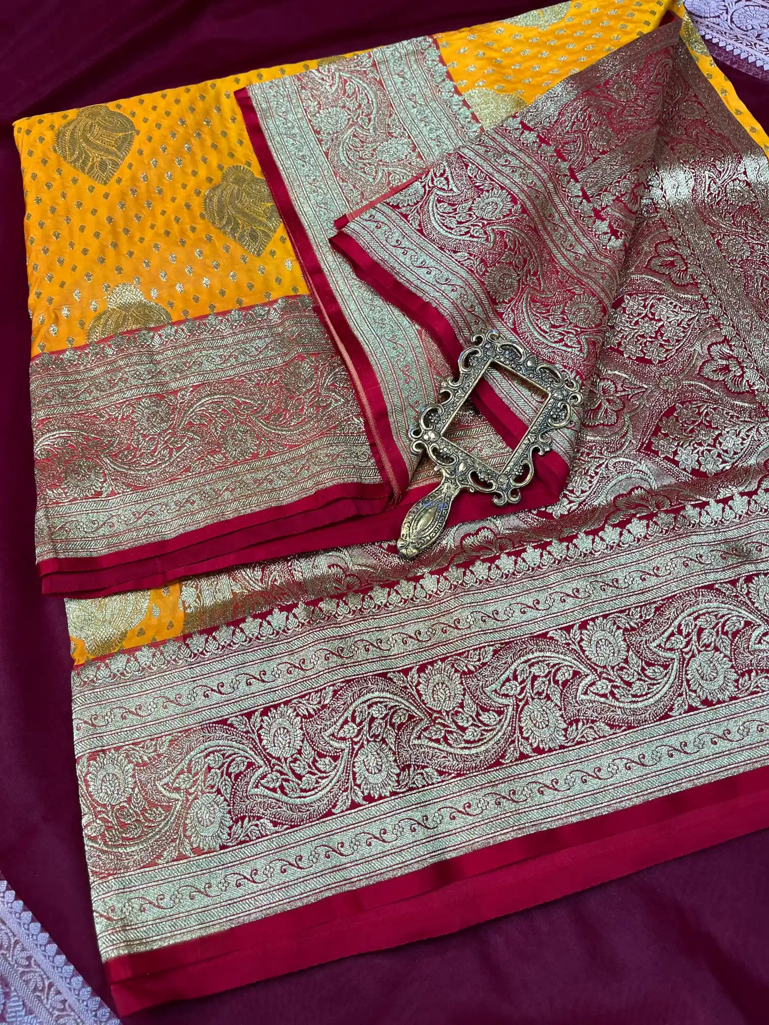 Bridal Bright Yellow Contrast Satin Silk Premium Buta Banarasi Saree