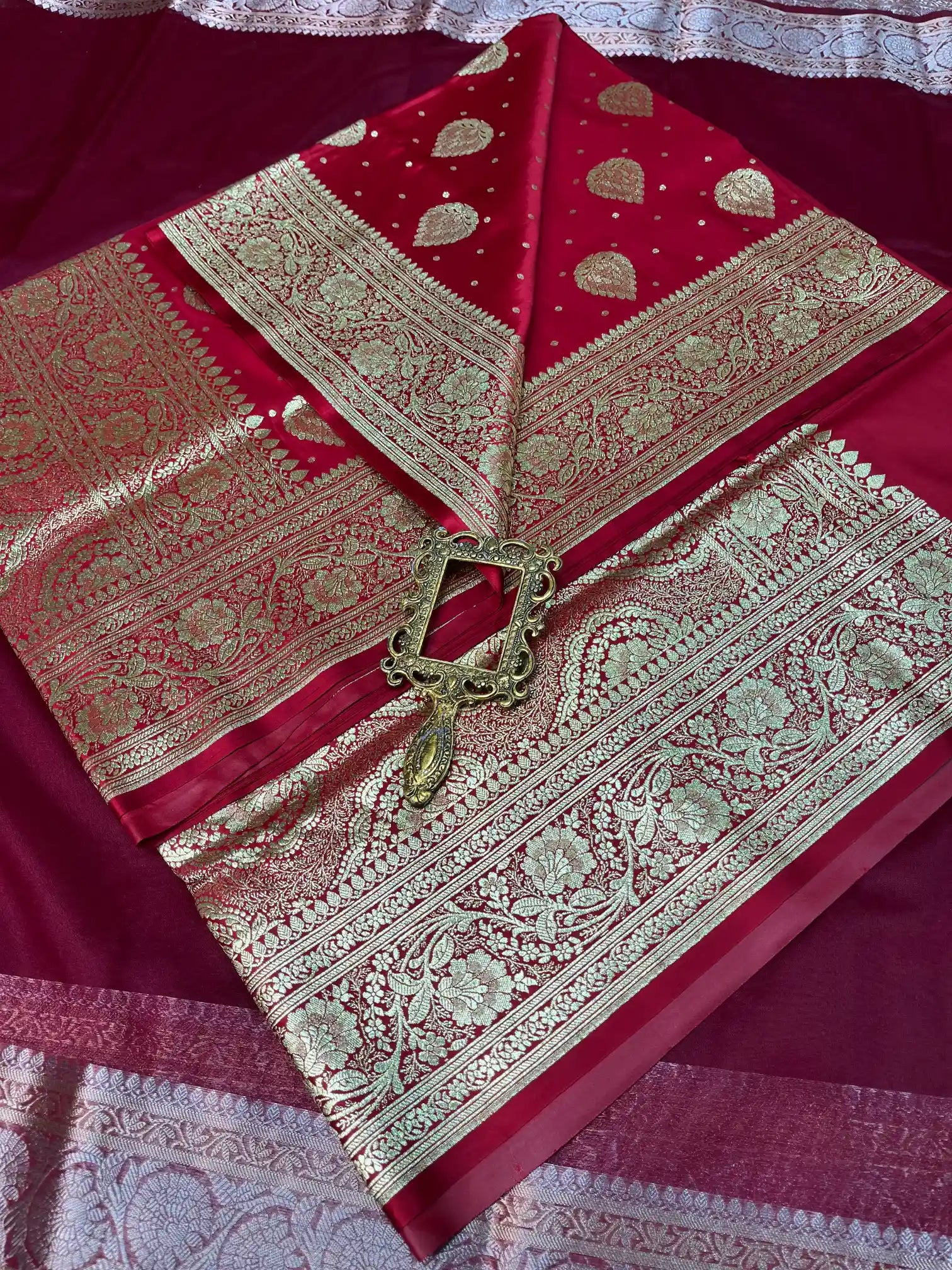 Bridal Dark Red Satin Silk Premium Buta Banarasi Saree