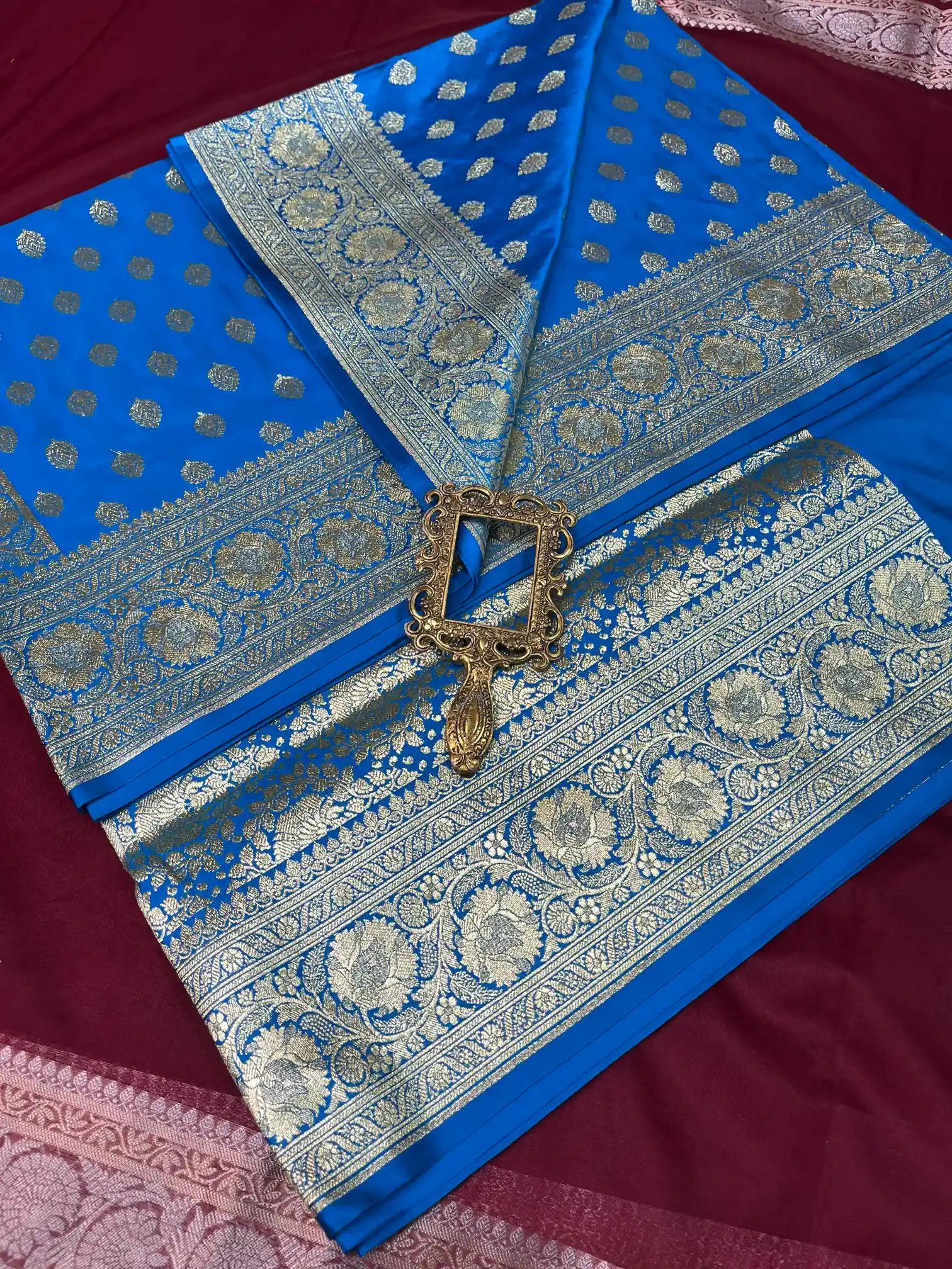Bridal Blue Satin Silk Premium Buta Pattern Banarasi Saree