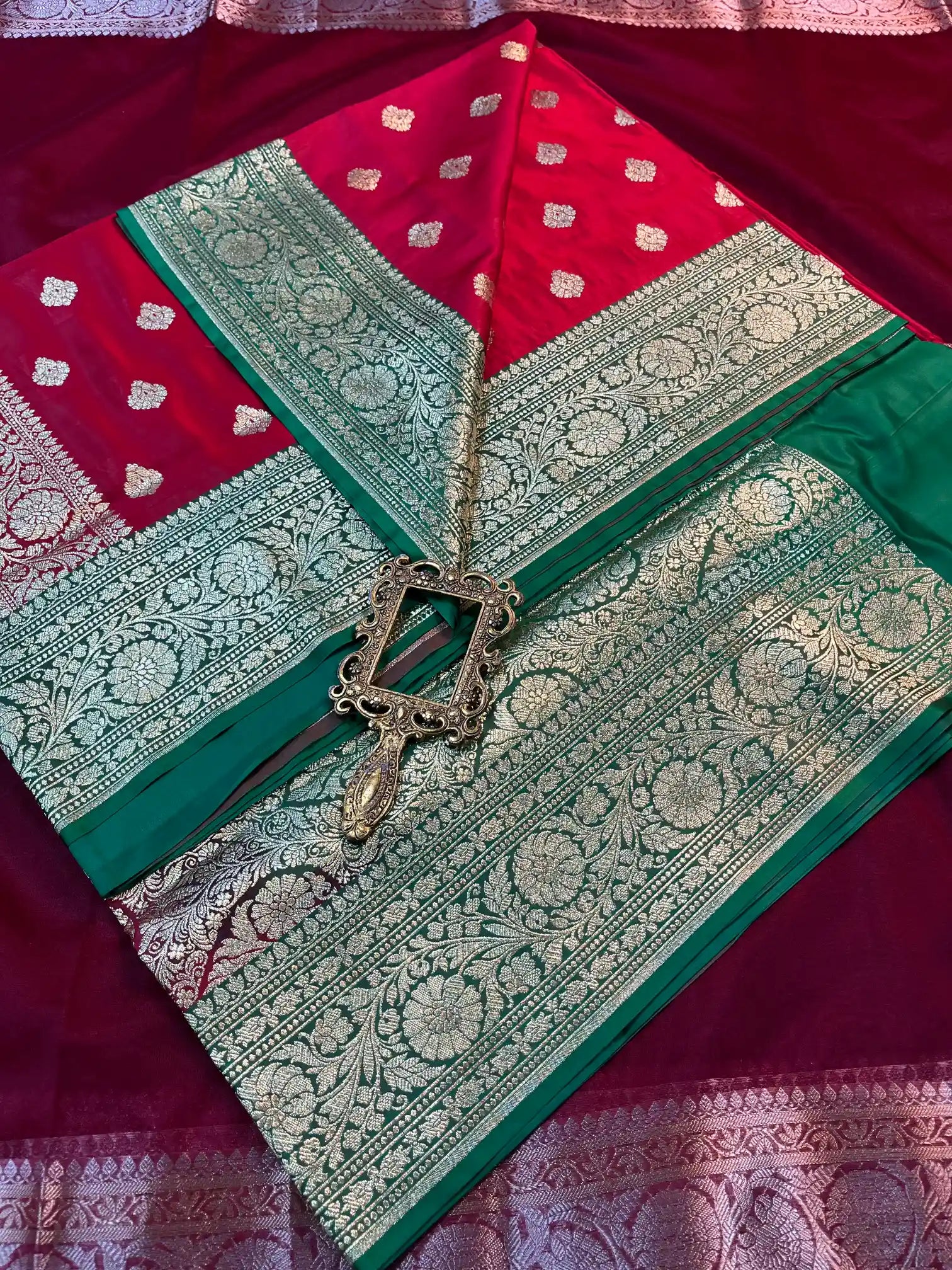 Bridal Red Contrast Satin Silk Traditional Buta Banarasi Saree