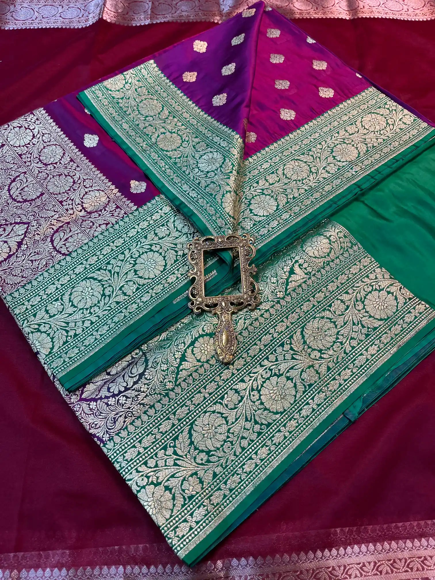 Bridal Deep Purple Contrast Satin Silk Traditional Buta Banarasi Saree