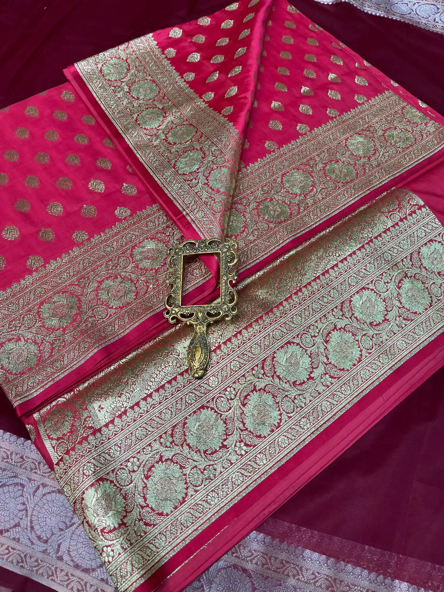 Bridal Rani Pink Satin Silk Premium Buta Pattern Banarasi Saree