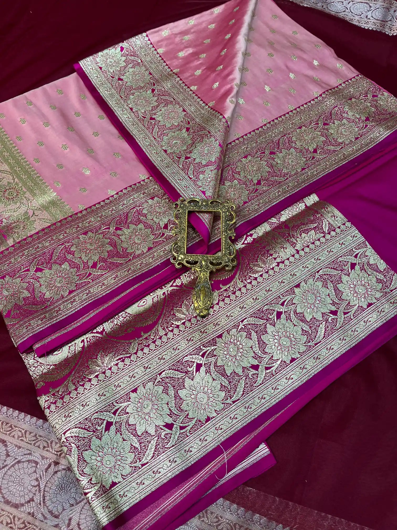 Bridal Barbie Pink Contrast Satin Silk Traditional Buti Banarasi Saree